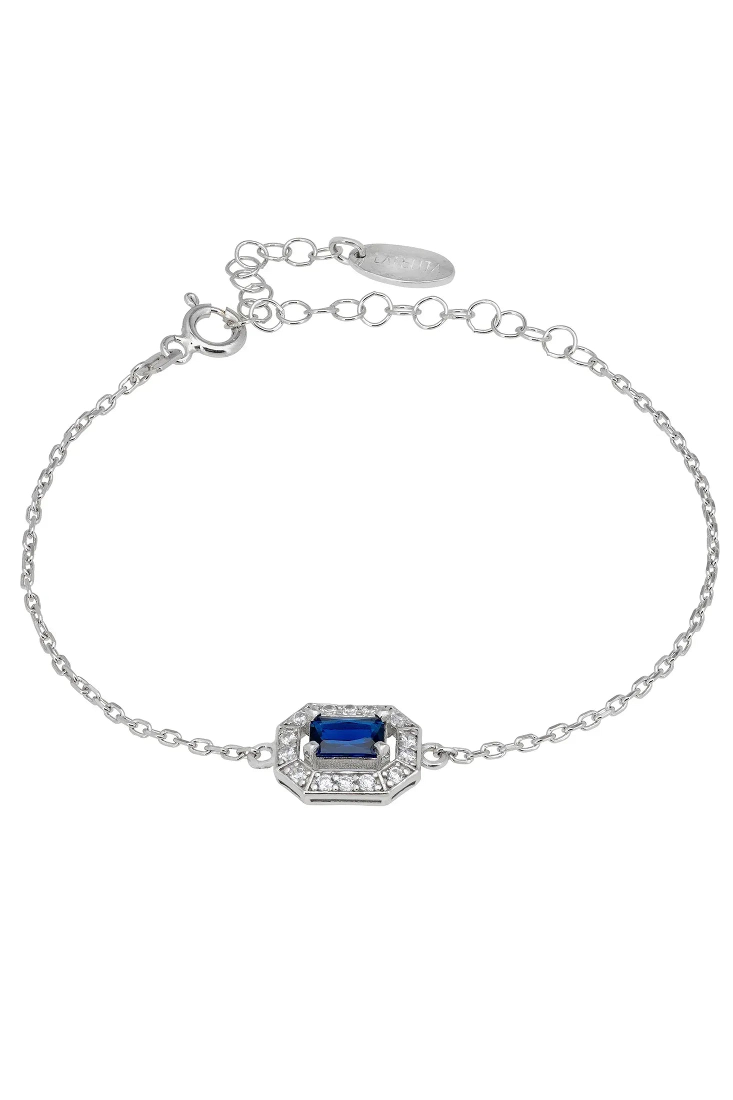 Diamond halo sapphire charm silver bracelet.