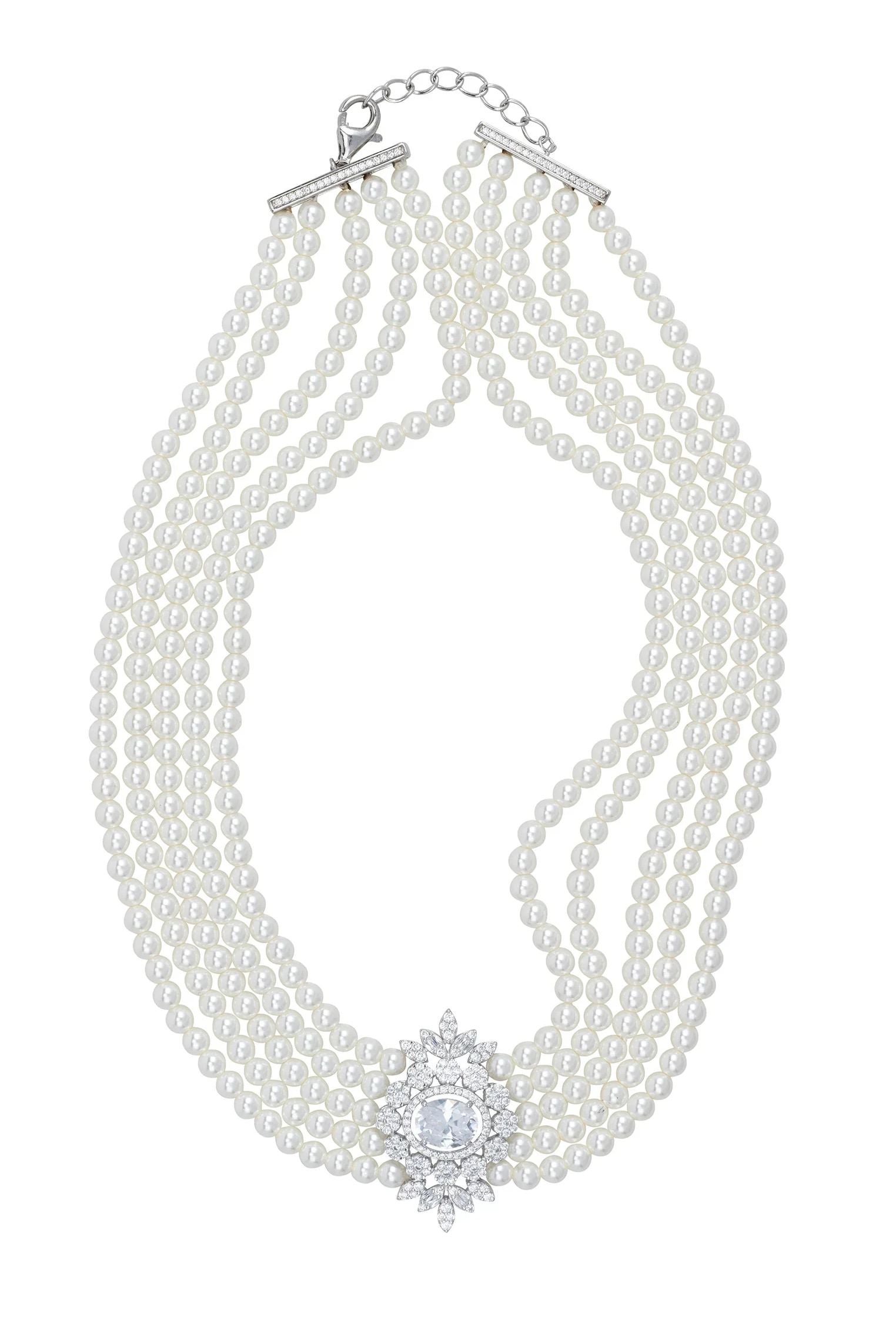 Diamond centerpiece multi-strand pearl choker.