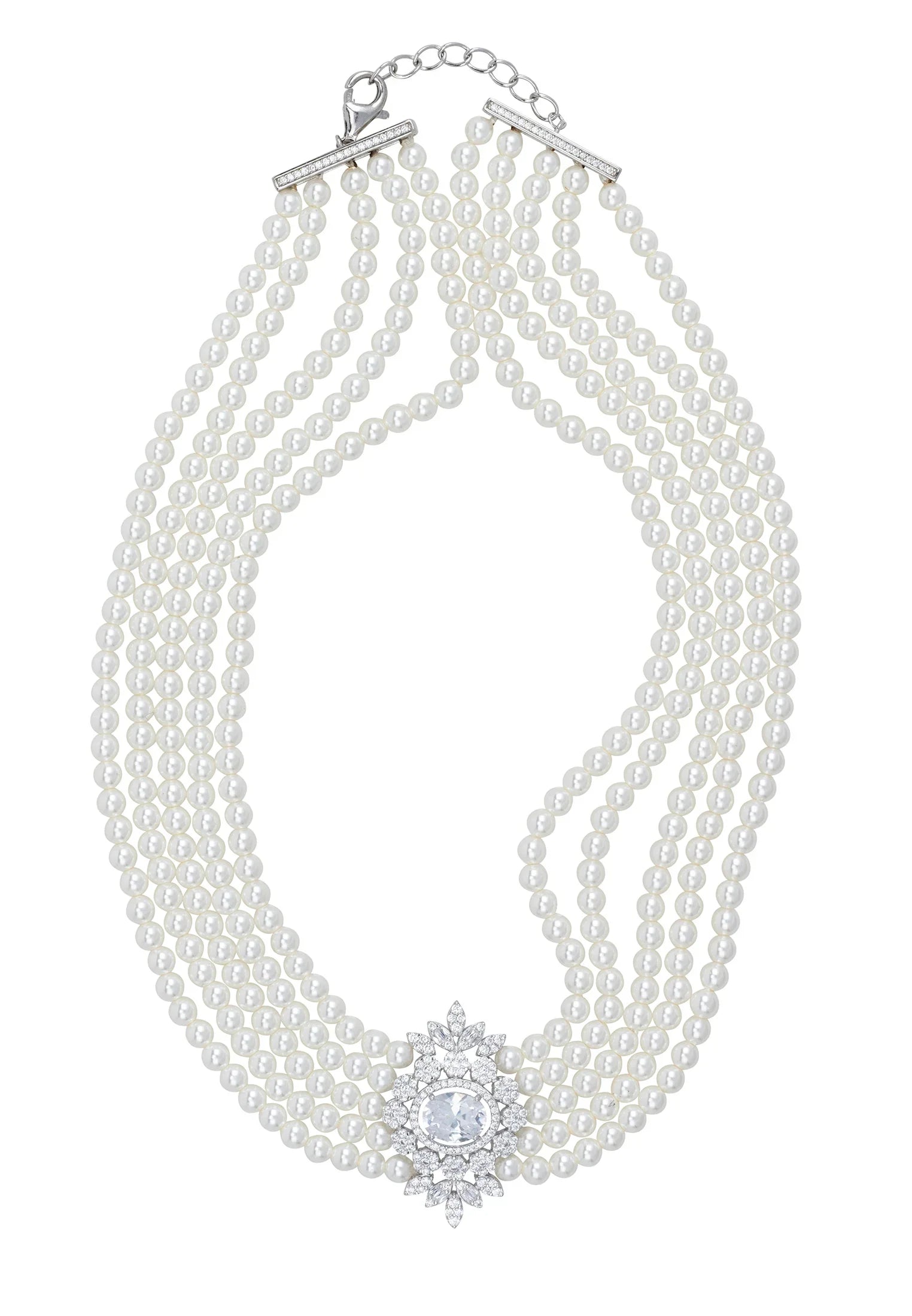 Diamond centerpiece multi-strand pearl choker.