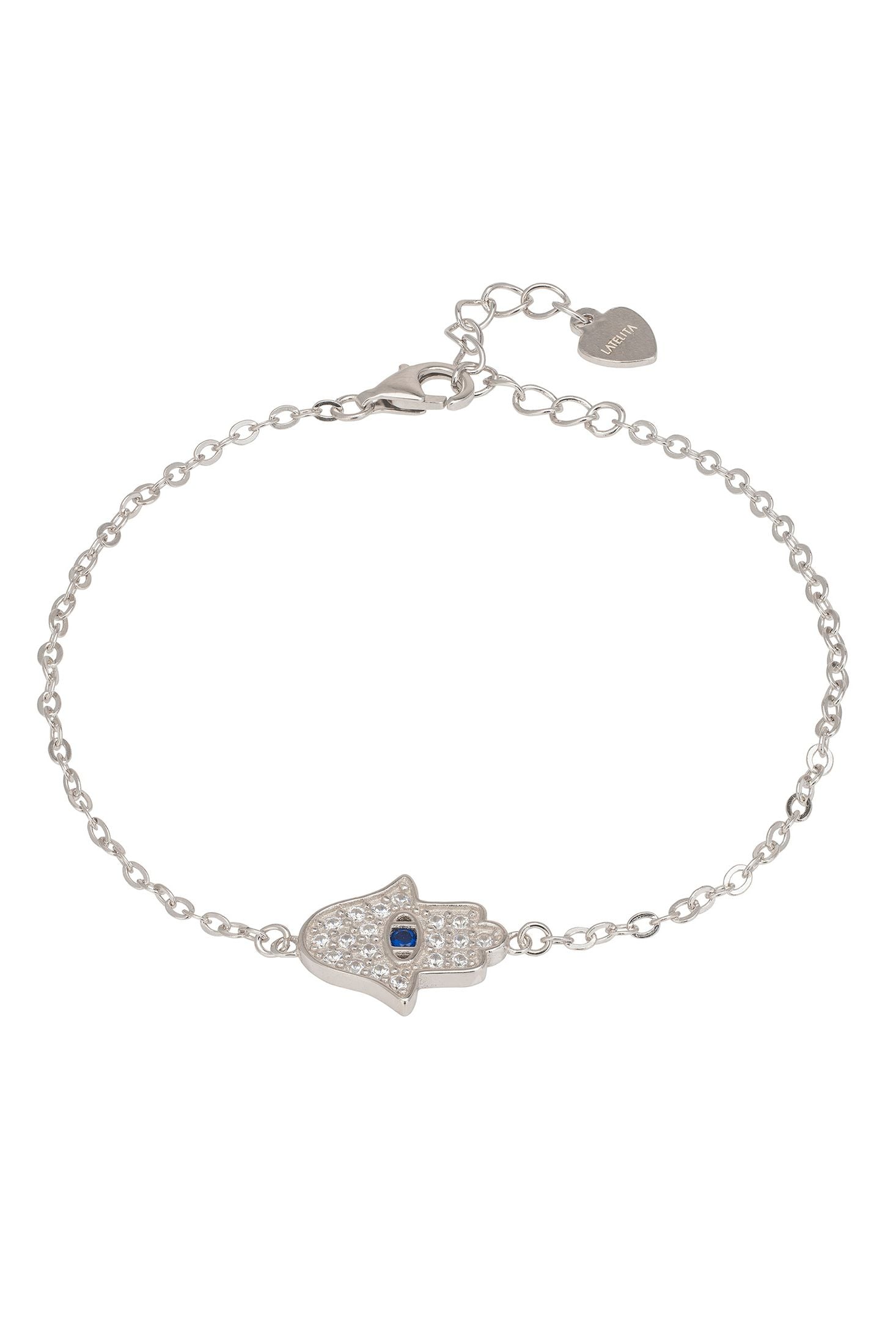 Silver bracelet with a hamsa hand charm on a white background
