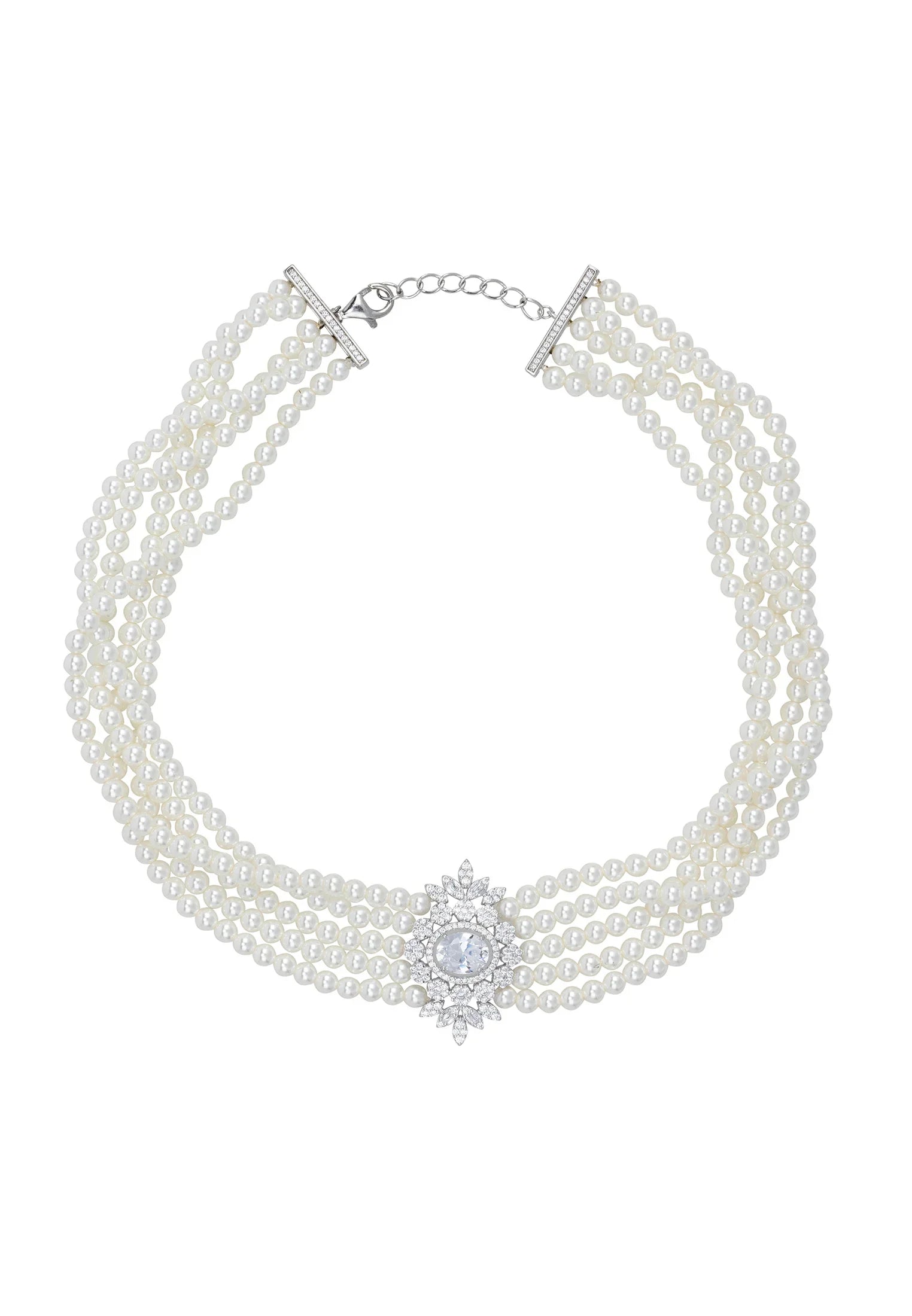 Diamond centerpiece multi-strand pearl choker.