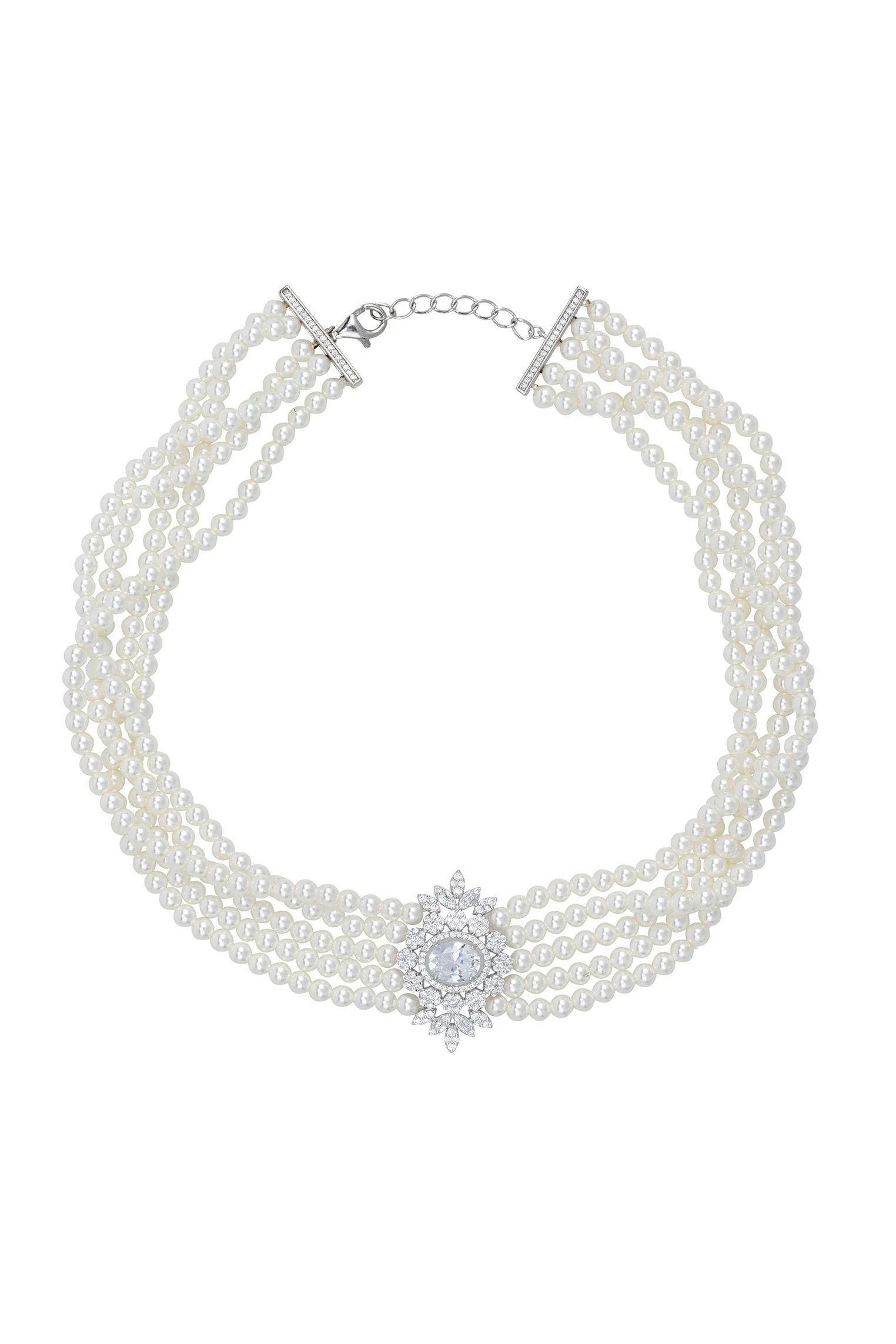 Diamond centerpiece multi-strand pearl choker.