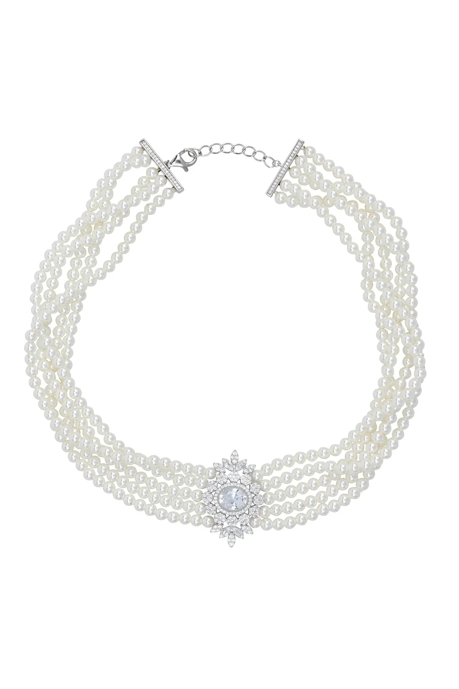 Diamond centerpiece multi-strand pearl choker.