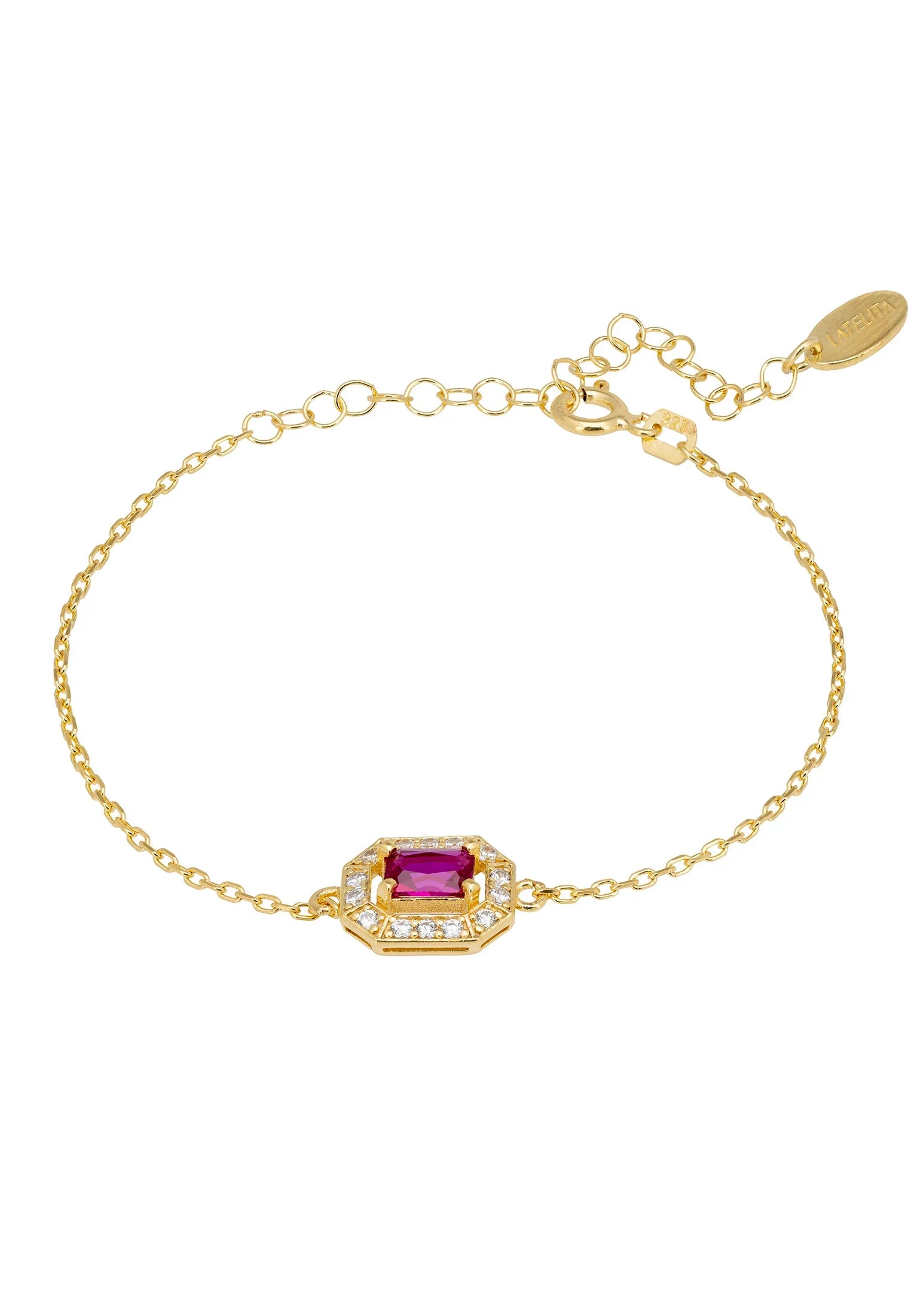 Diamond halo ruby charm gold bracelet.