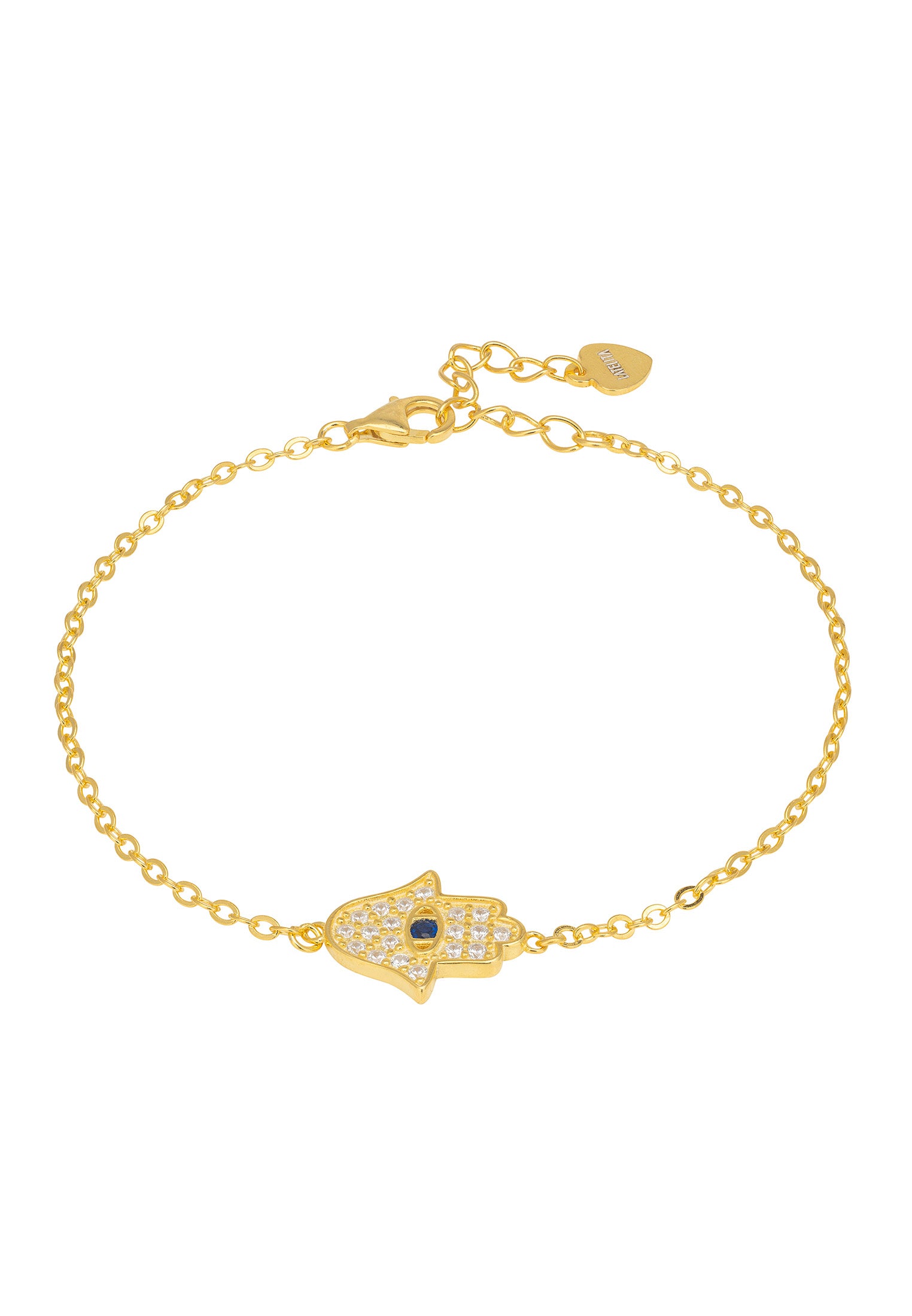 Gold bracelet with a hamsa hand charm on a white background