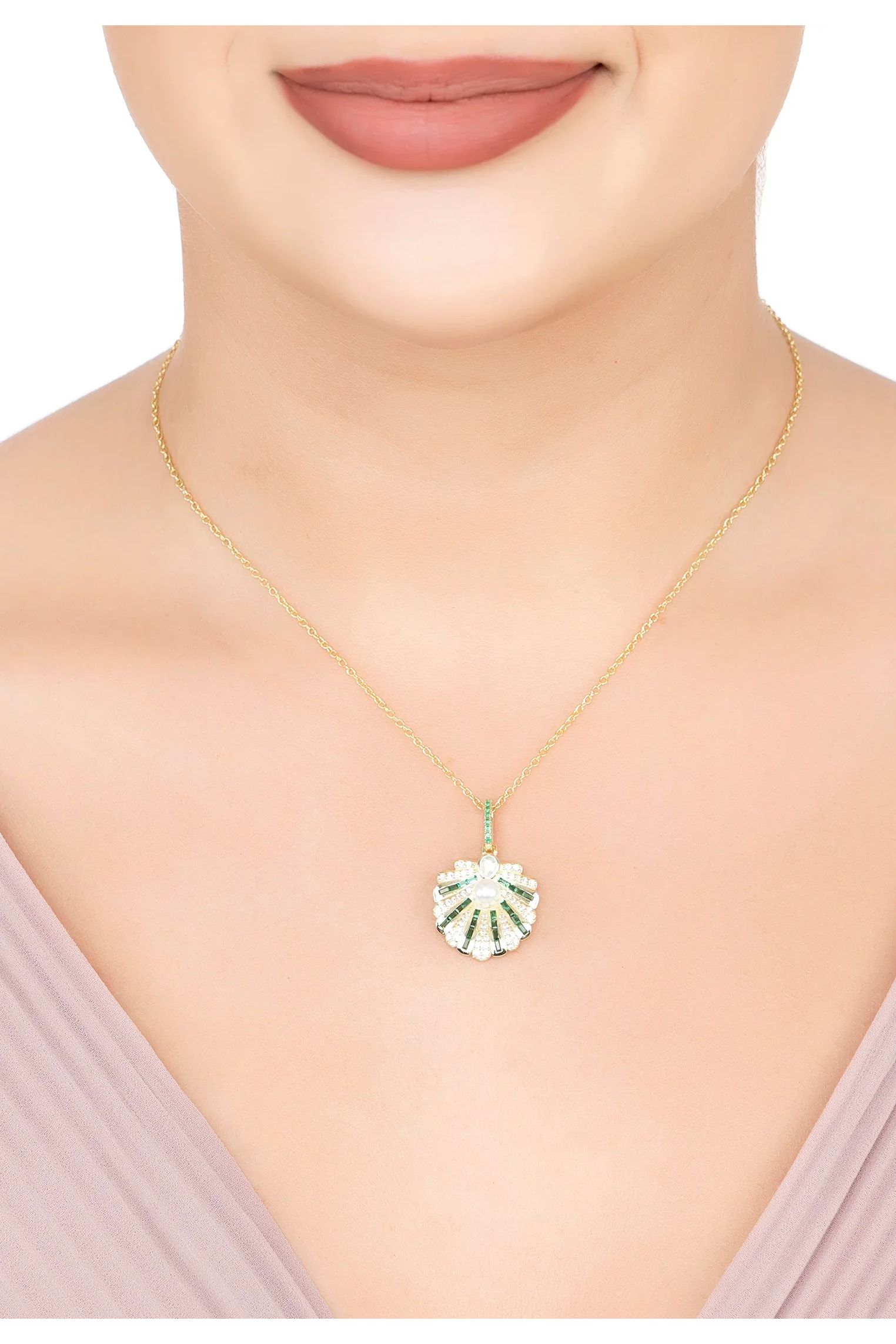 The necklace worn by a model.