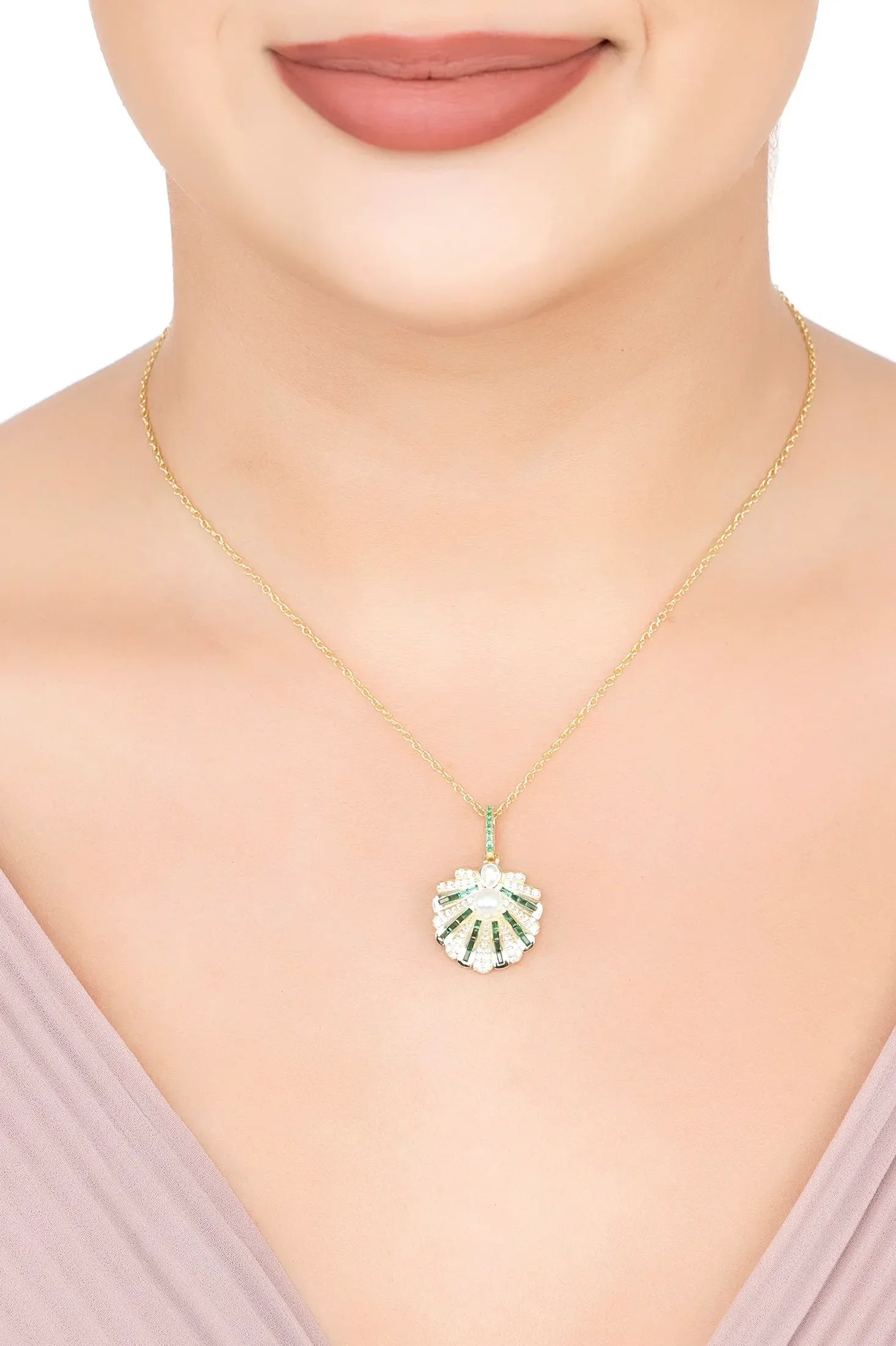 The necklace worn by a model.