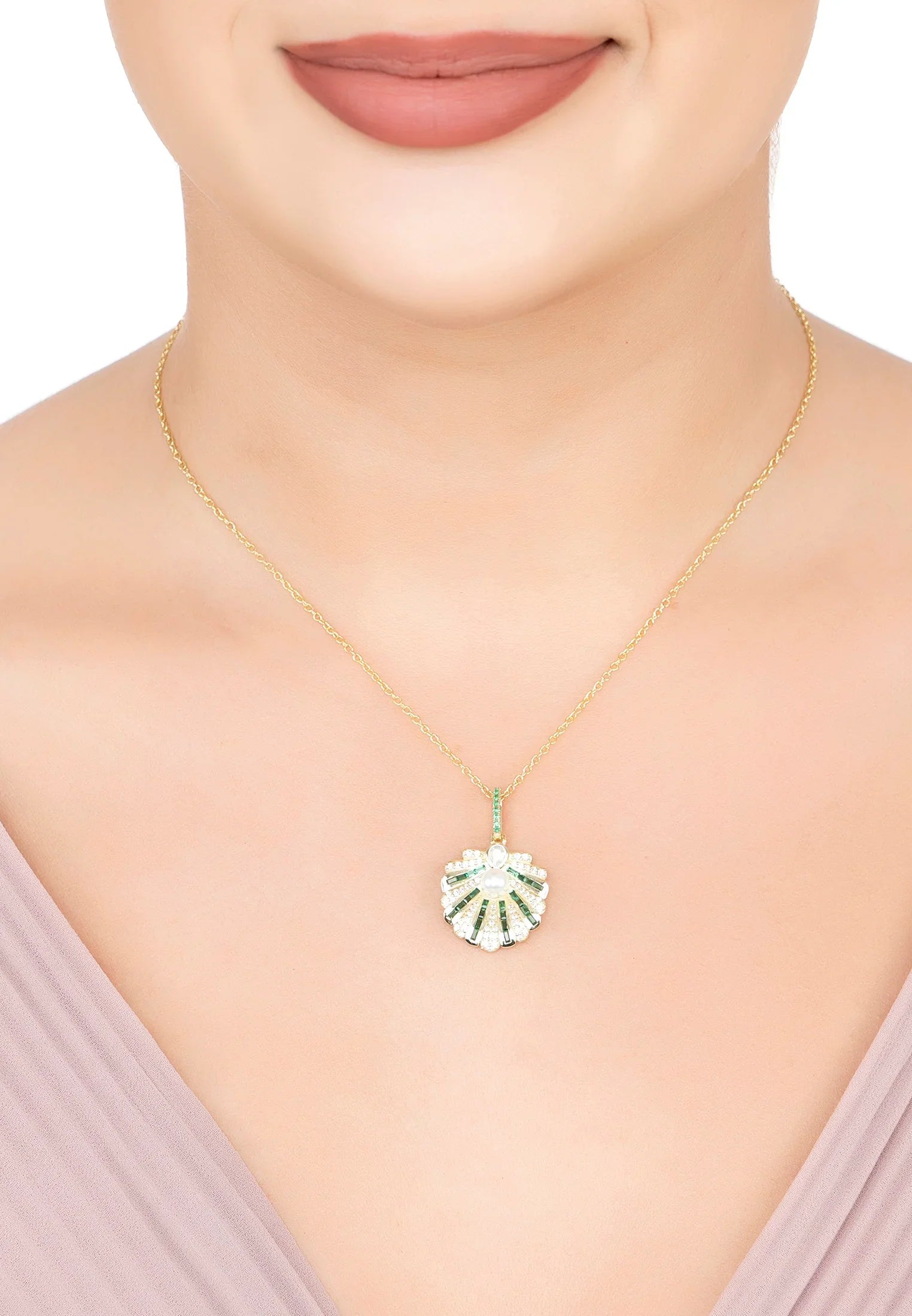 The necklace worn by a model.