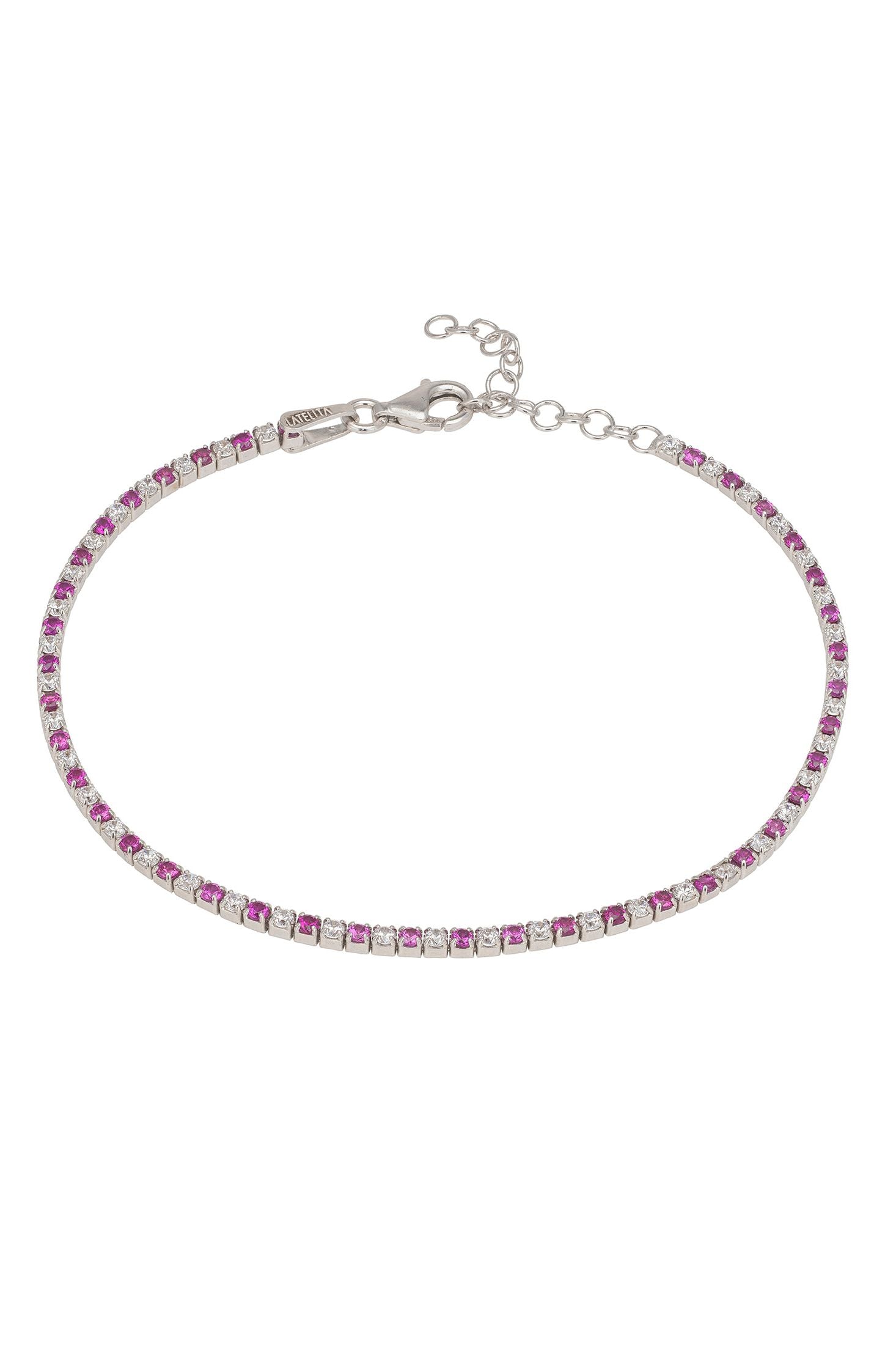 Silver bracelet with red gemstones on a white background