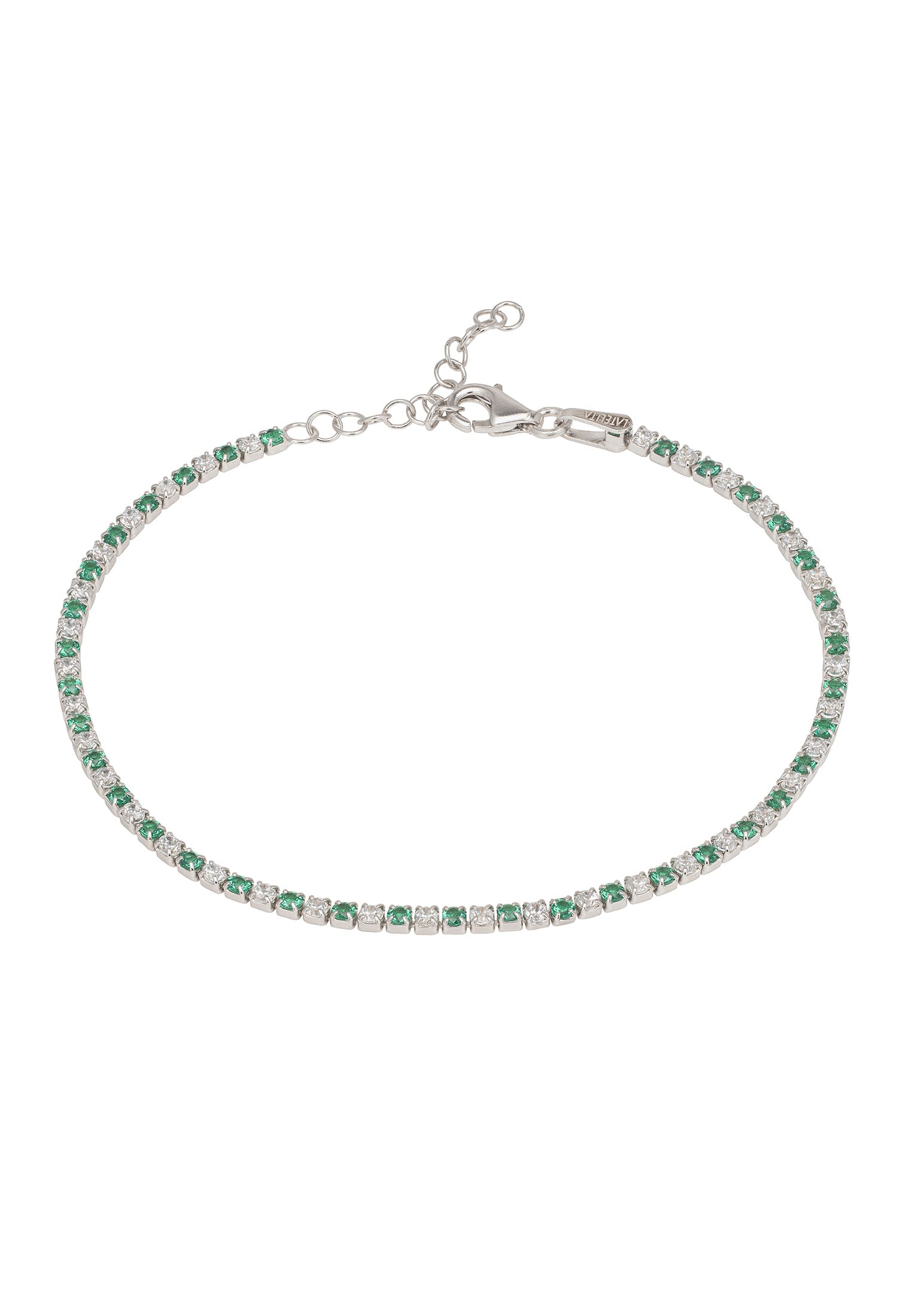 Silver bracelet with green gemstones on a white background