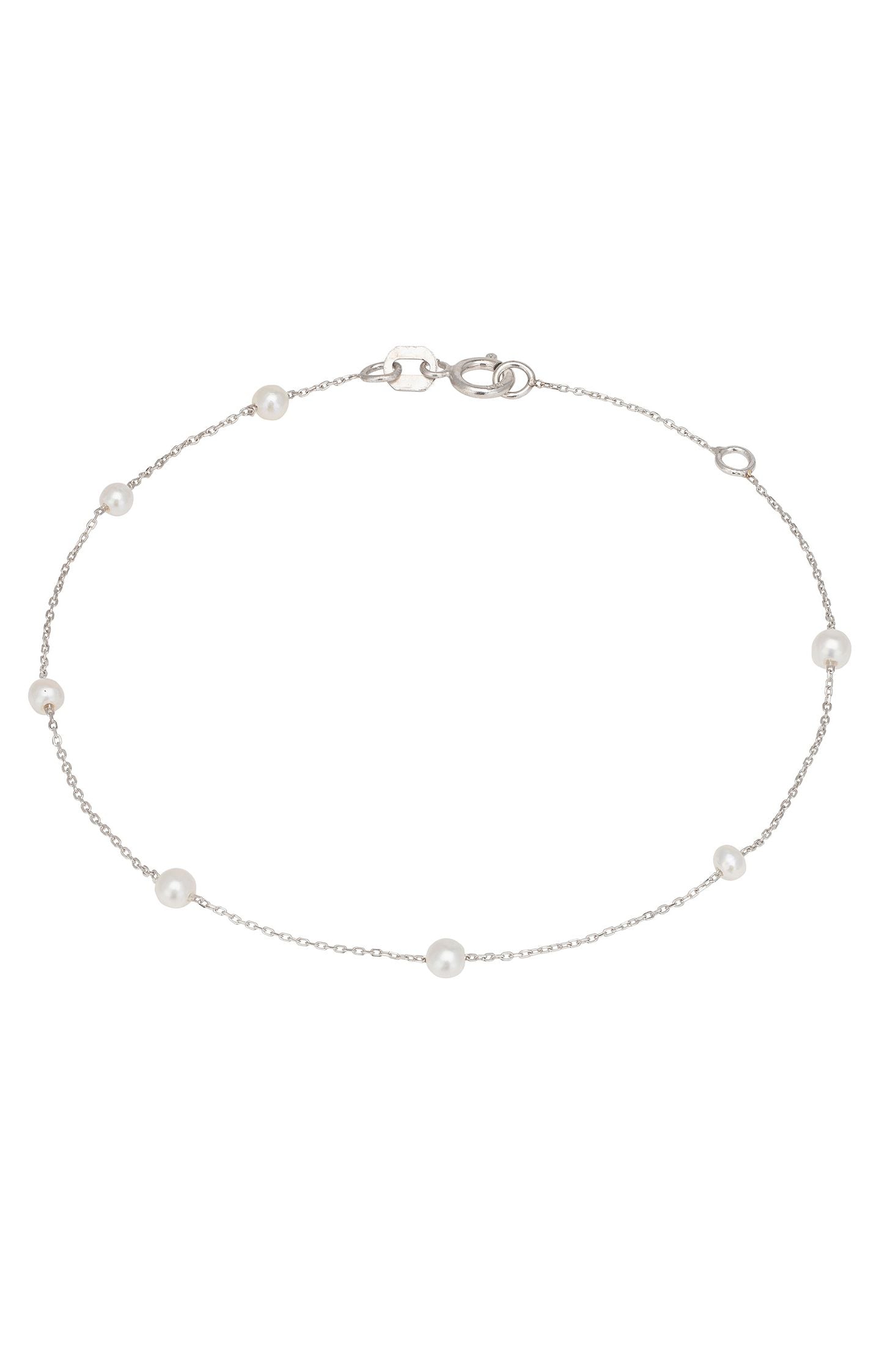 Silver bracelet with pearls on a white background