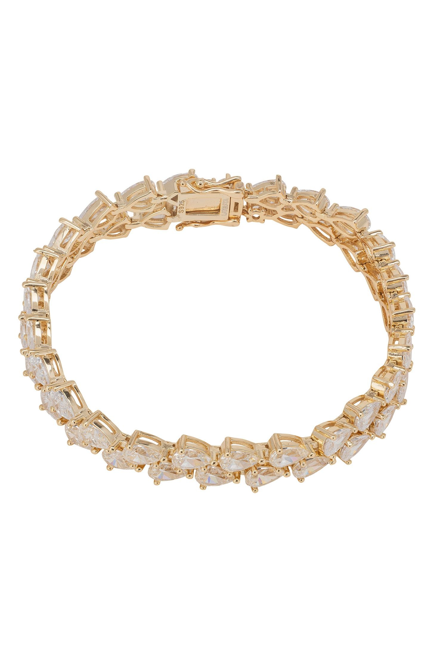 Gold bracelet with clear stones on a white background