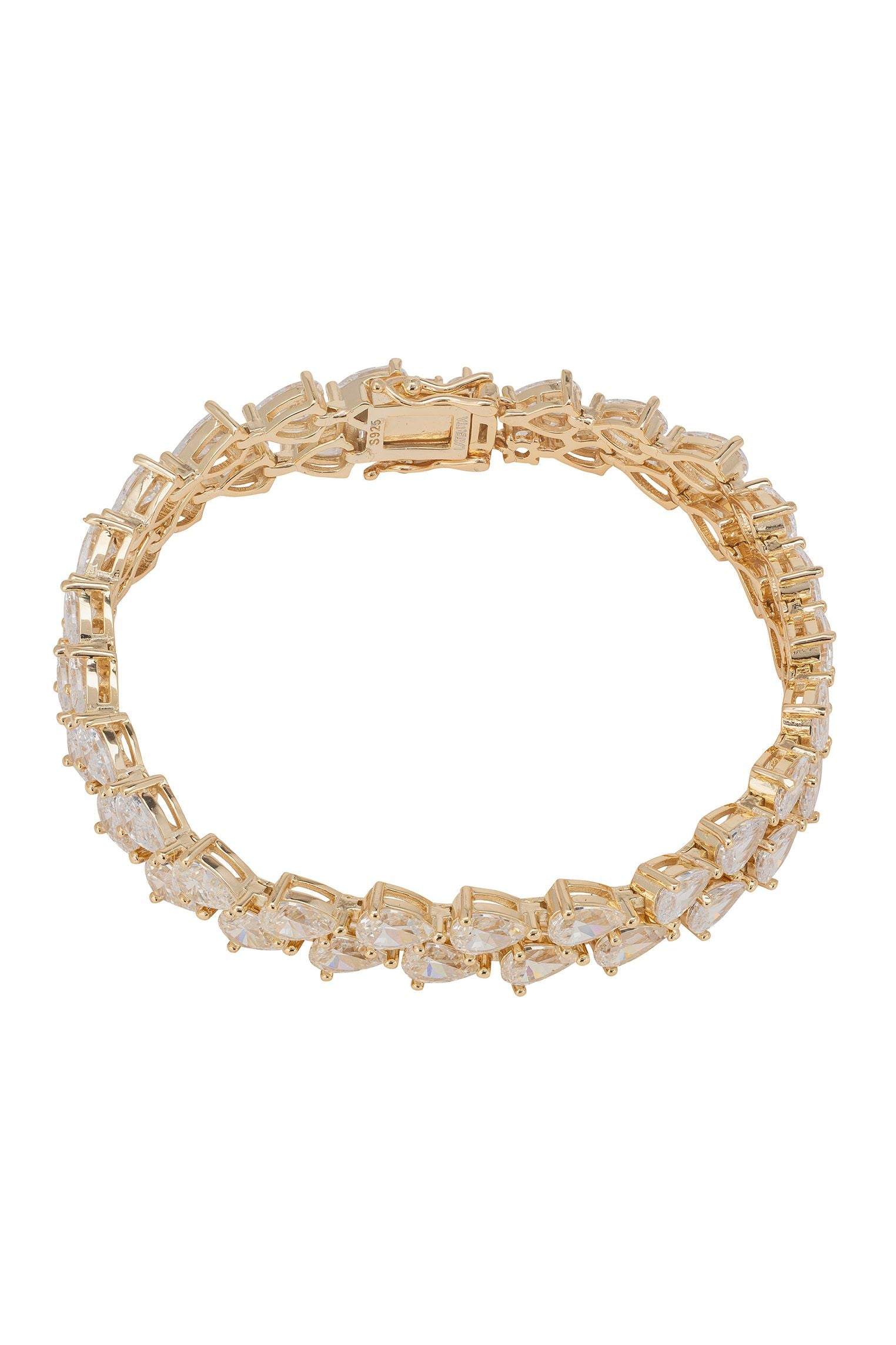 Gold bracelet with clear stones on a white background