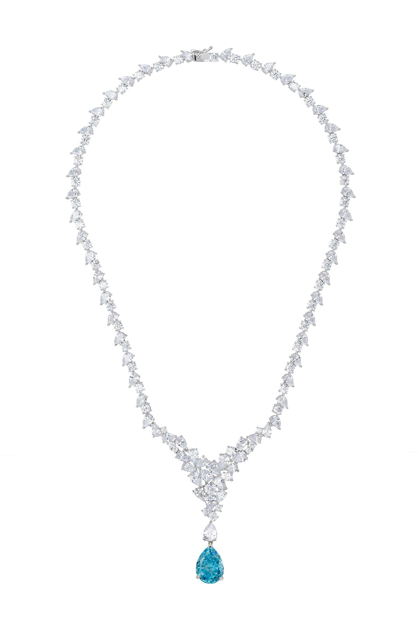 Teardrop blue gemstone centerpiece diamond necklace.