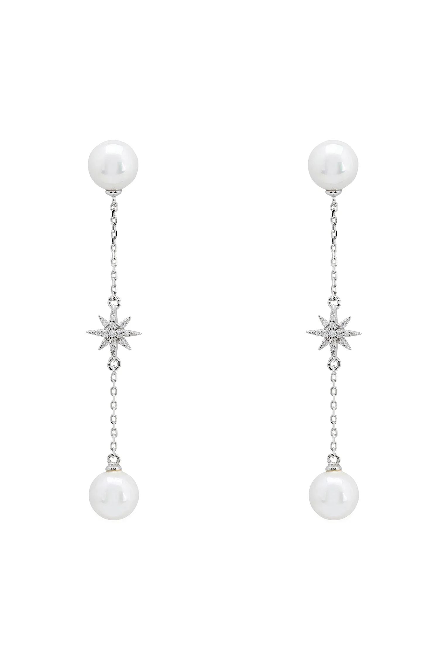 Silver starburst chain pearl drop earrings.