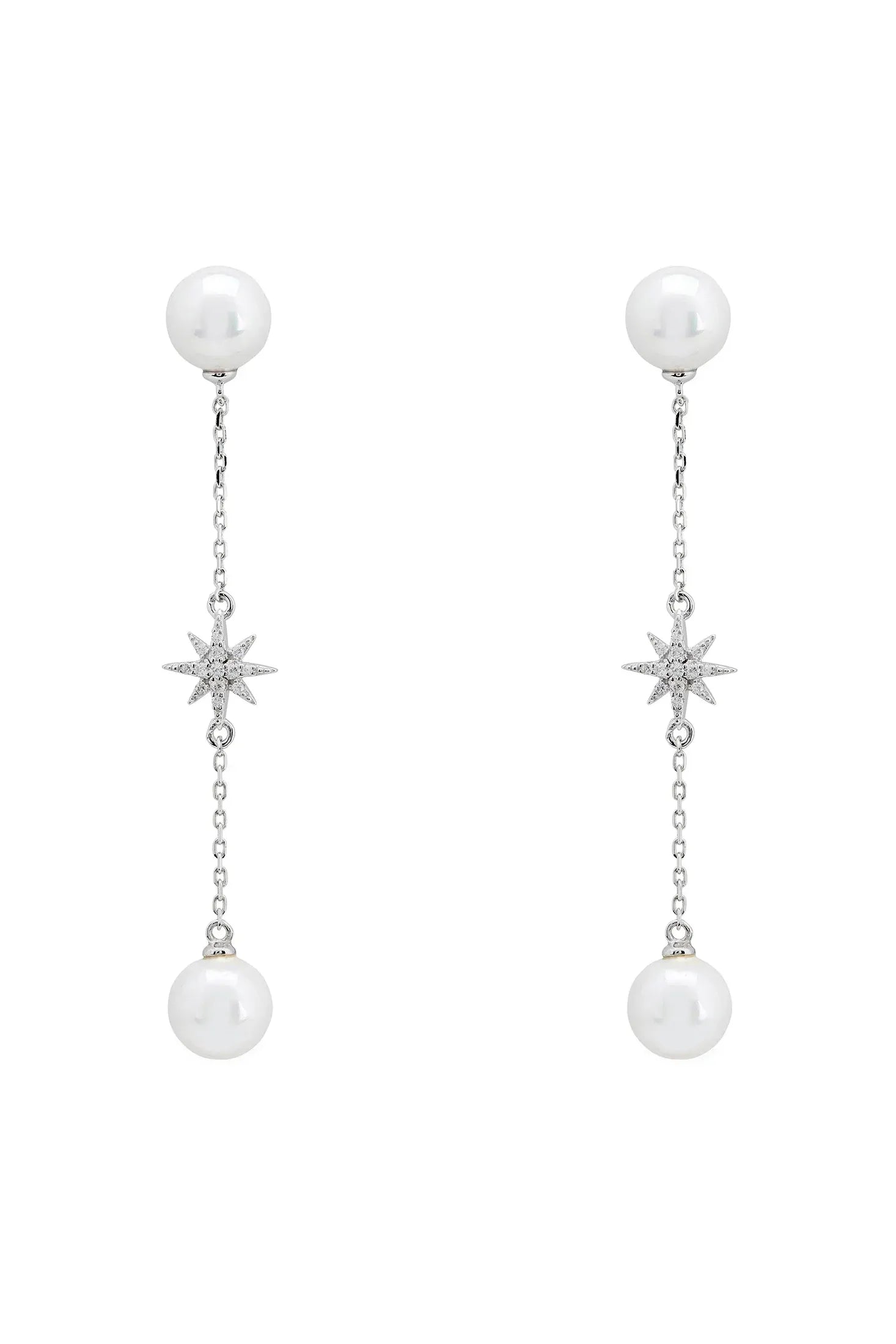 Silver starburst chain pearl drop earrings.