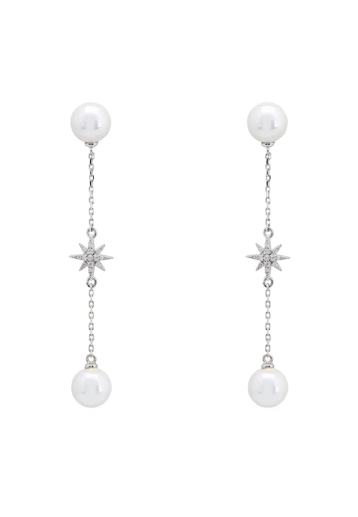 Silver starburst chain pearl drop earrings.