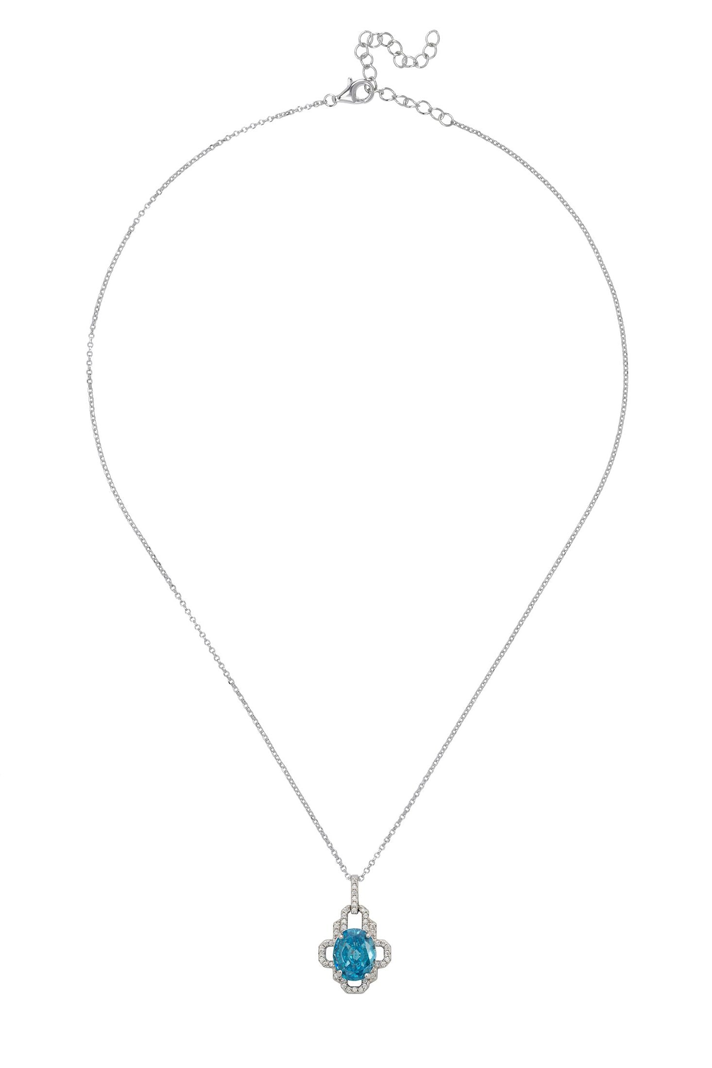 Open design diamond and blue gemstone pendant silver necklace.