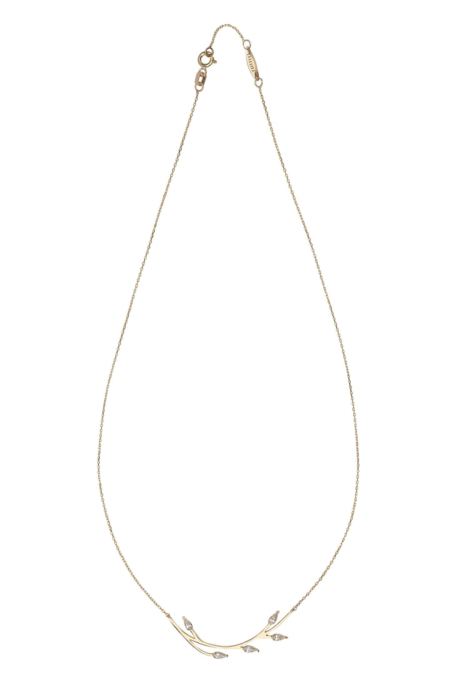 Gold necklace with small leaf-shaped pendants on a white background