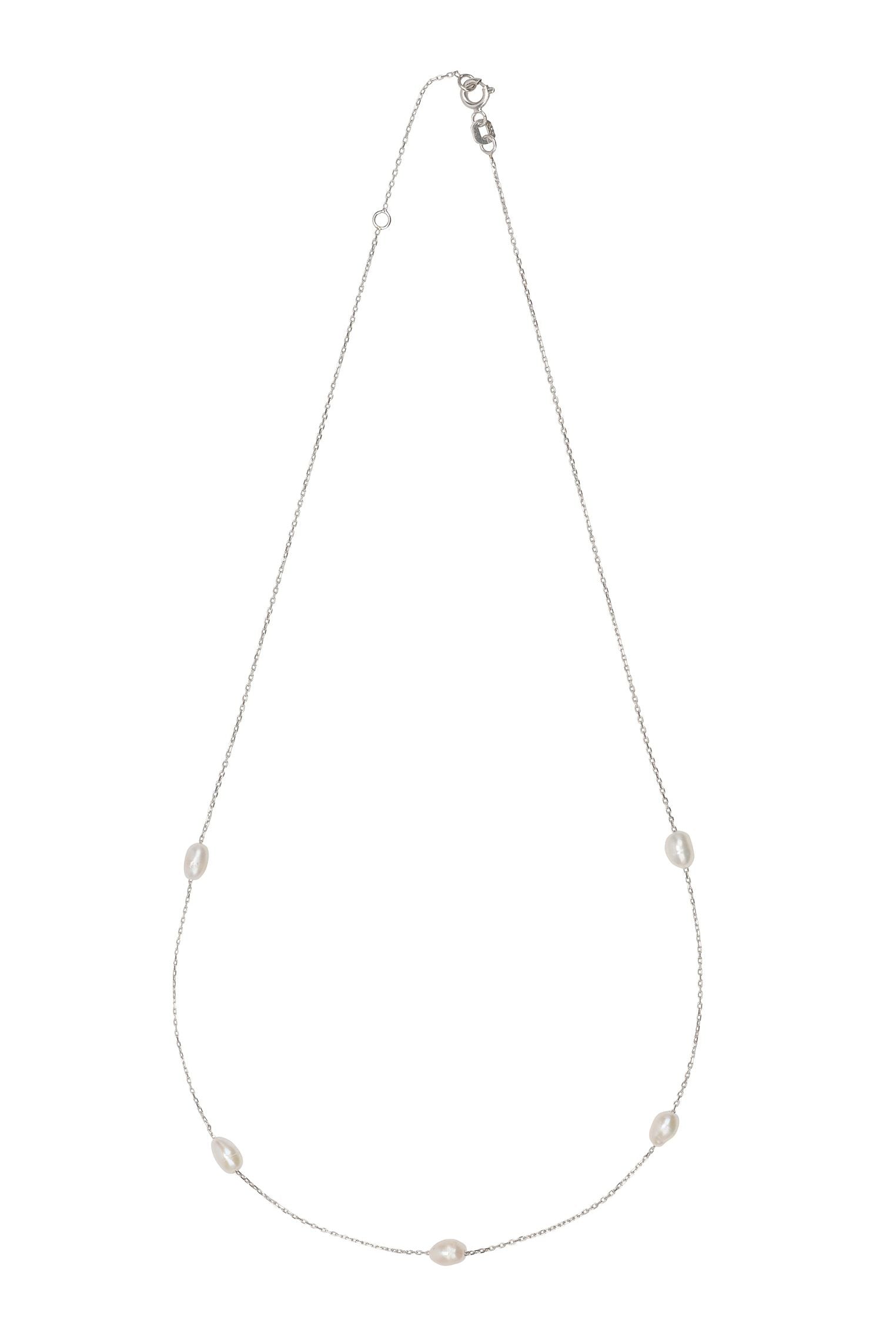 Solid 14k White Gold Natural Spaced Pearl Necklace