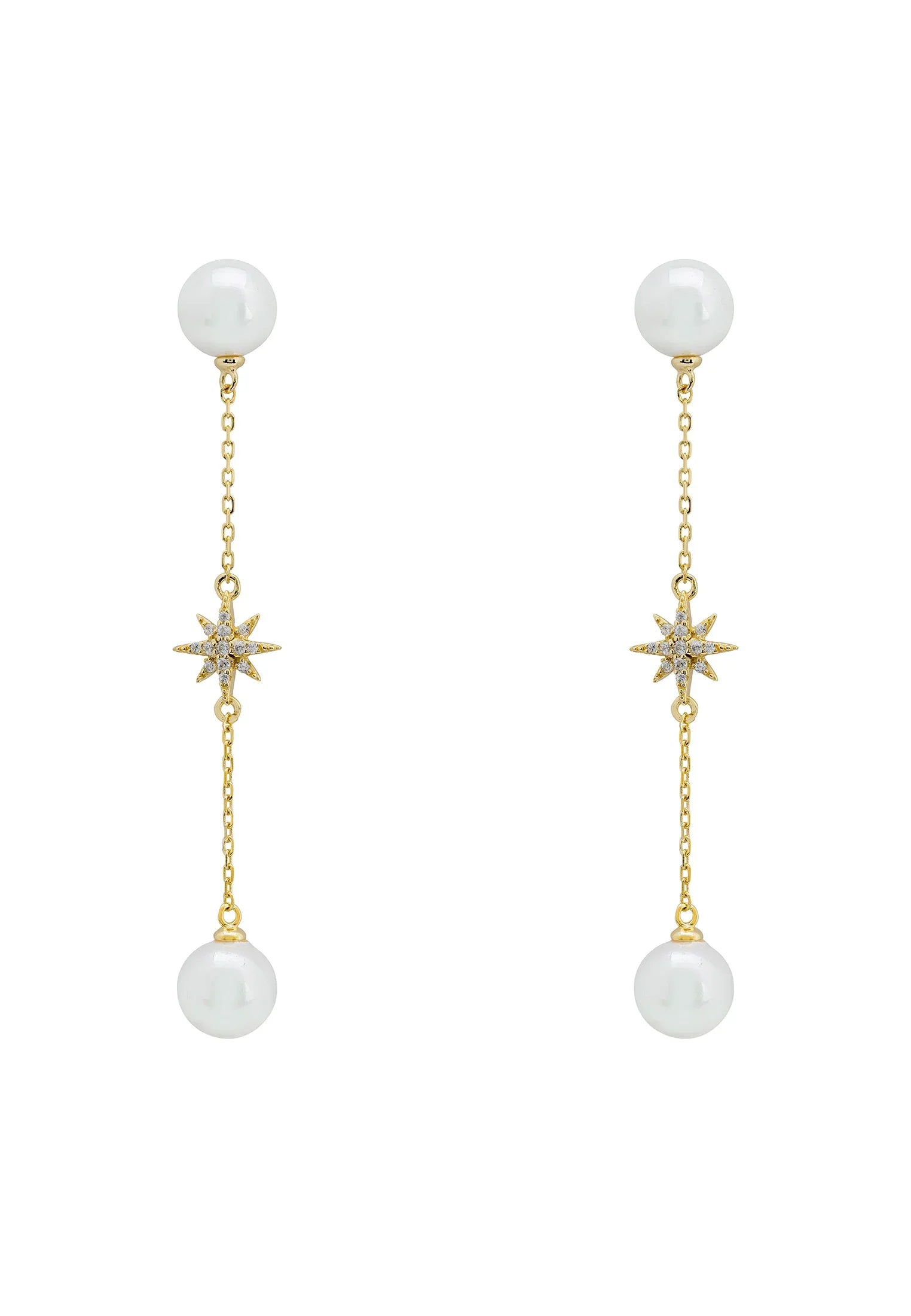 Gold starburst chain pearl drop earrings.
