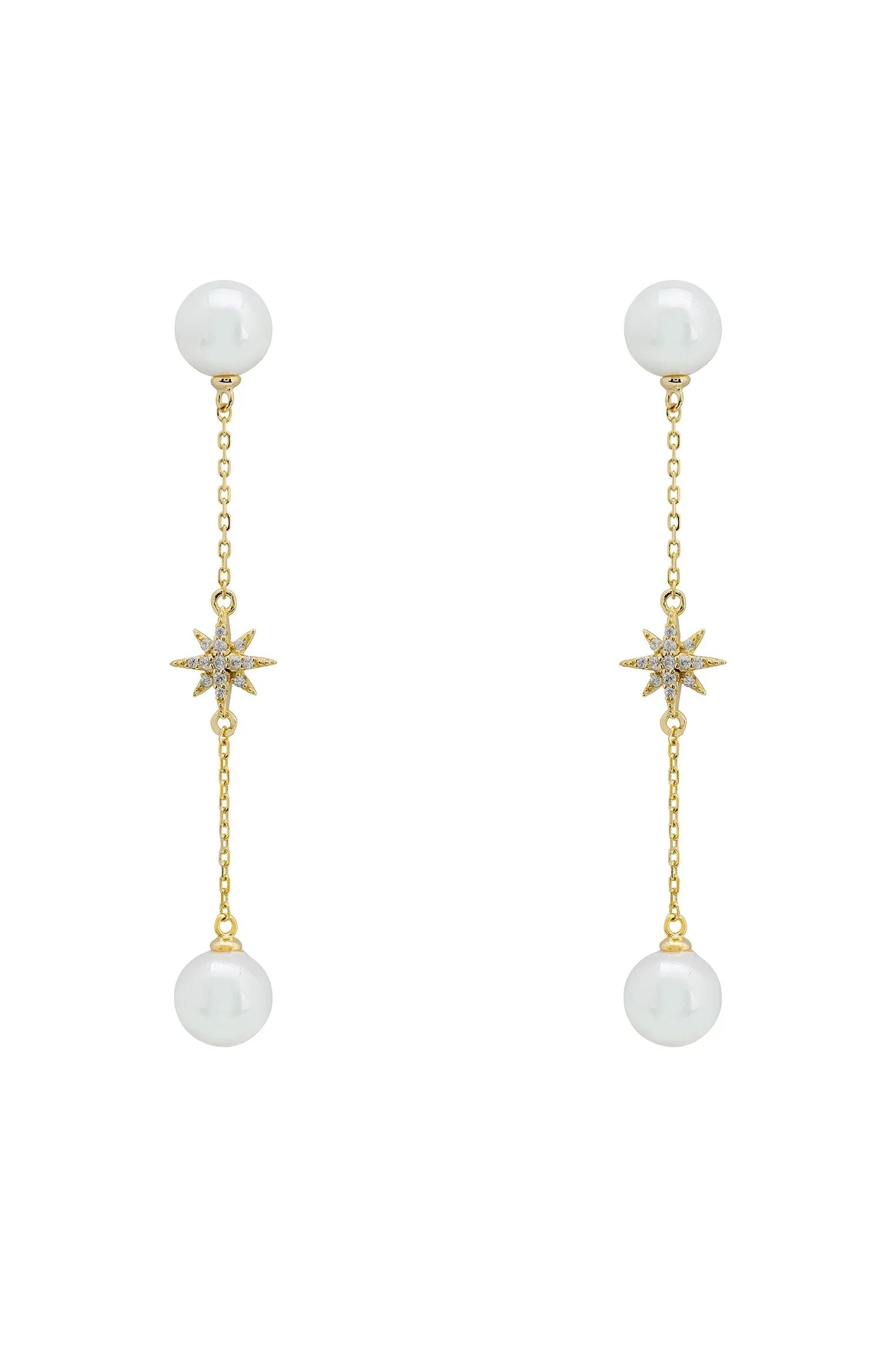 Gold starburst chain pearl drop earrings.