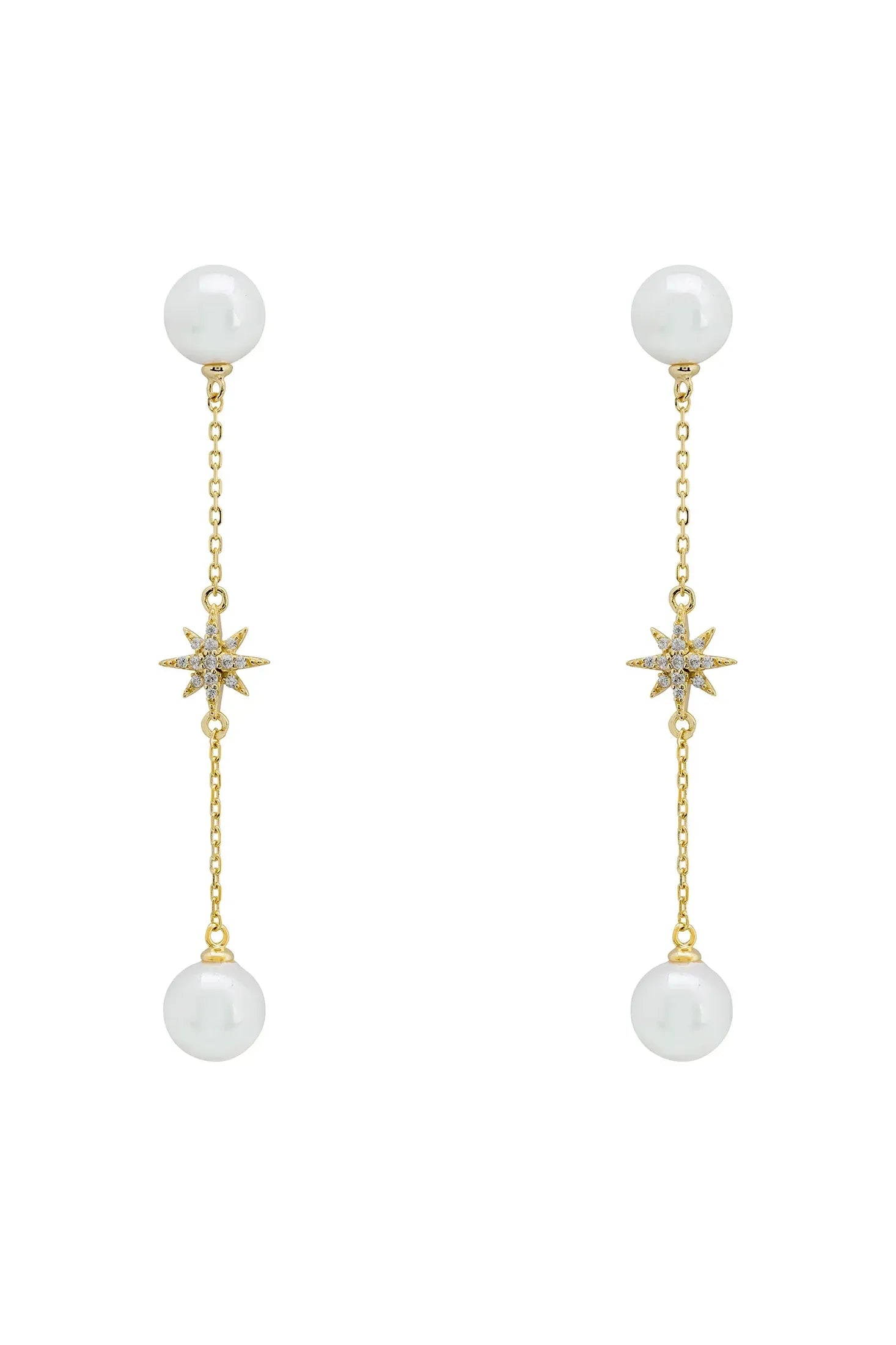 Gold starburst chain pearl drop earrings.