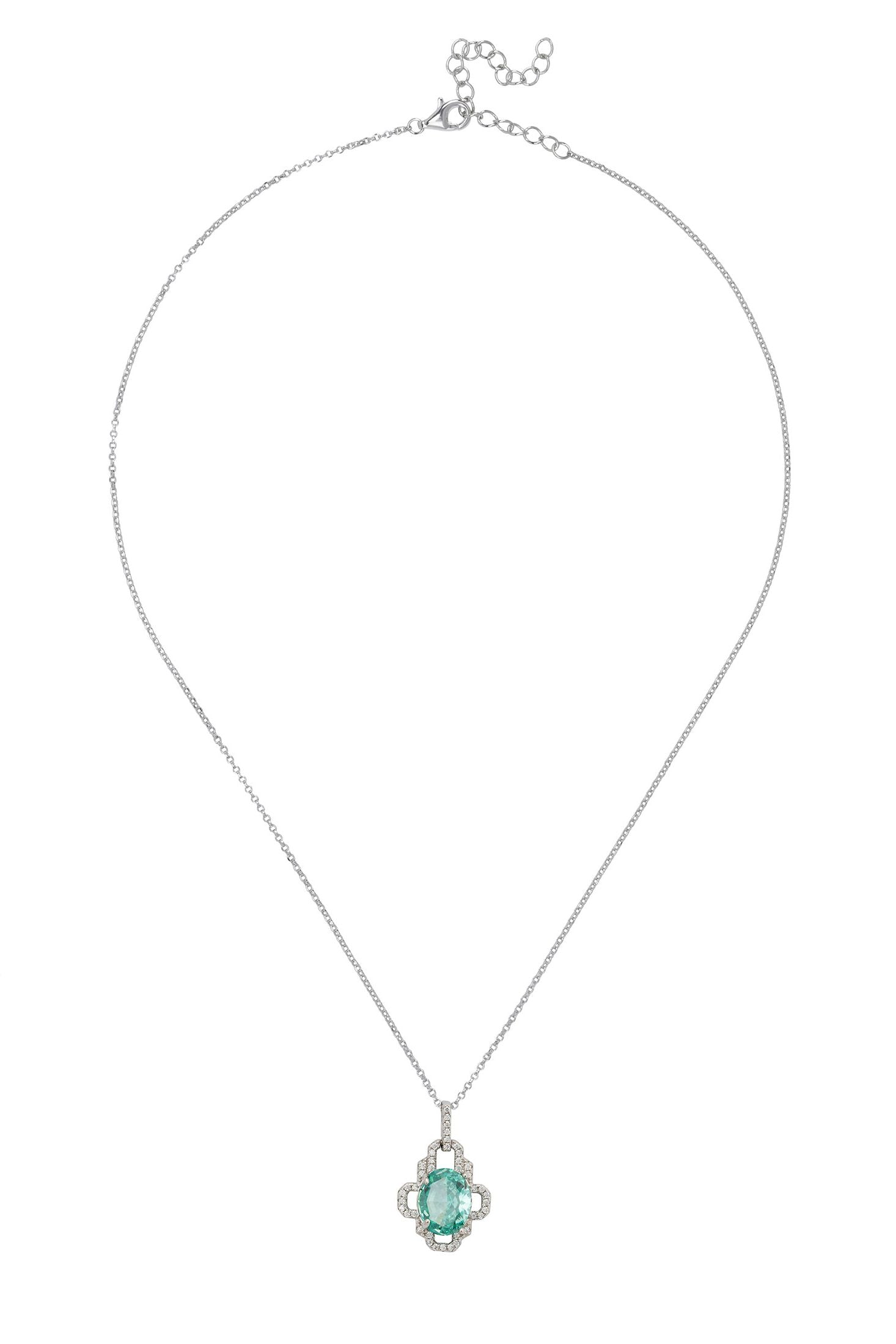 Open design diamond and aquamarine pendant silver necklace.
