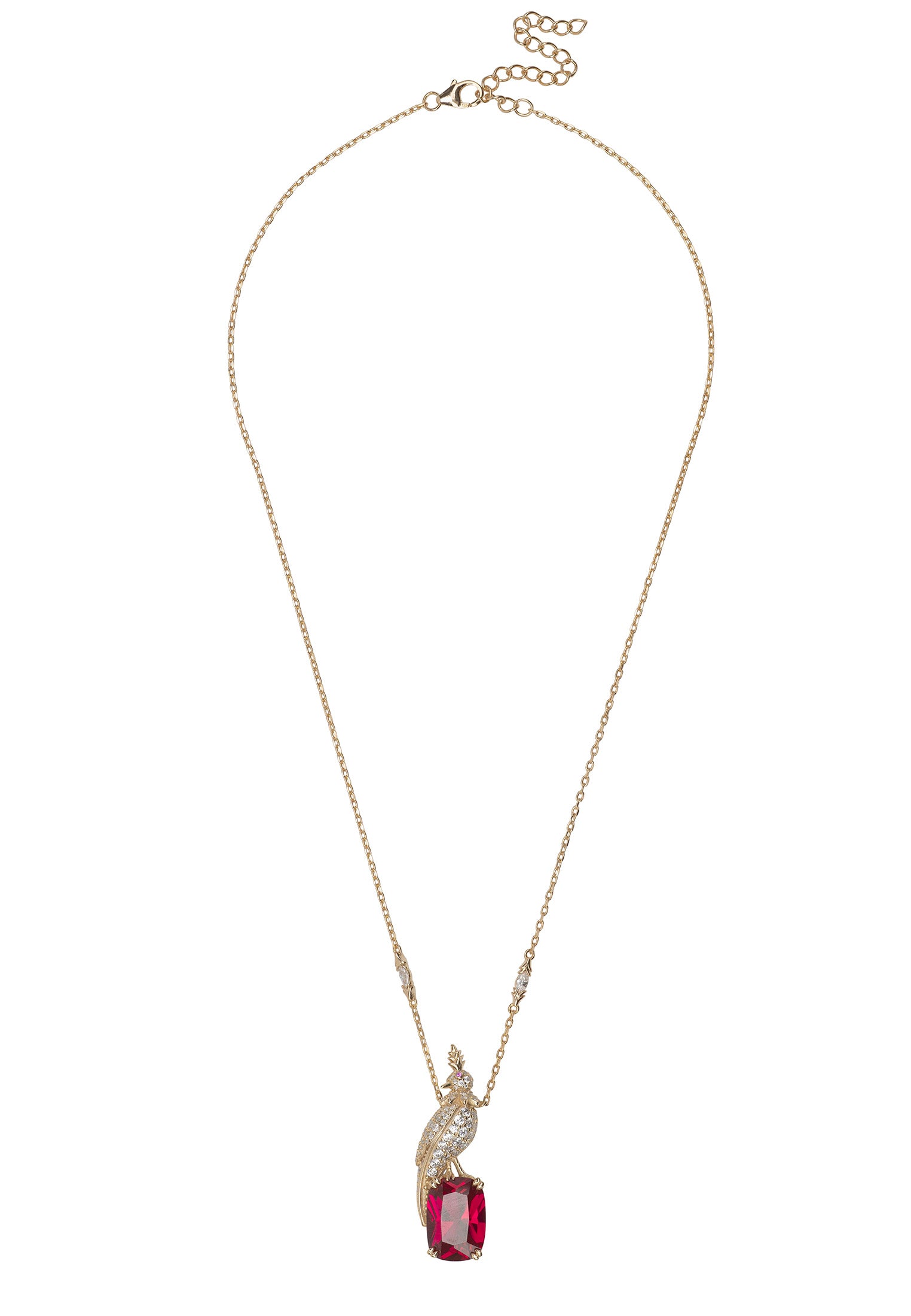Necklace with a pendant featuring a red gemstone on a white background