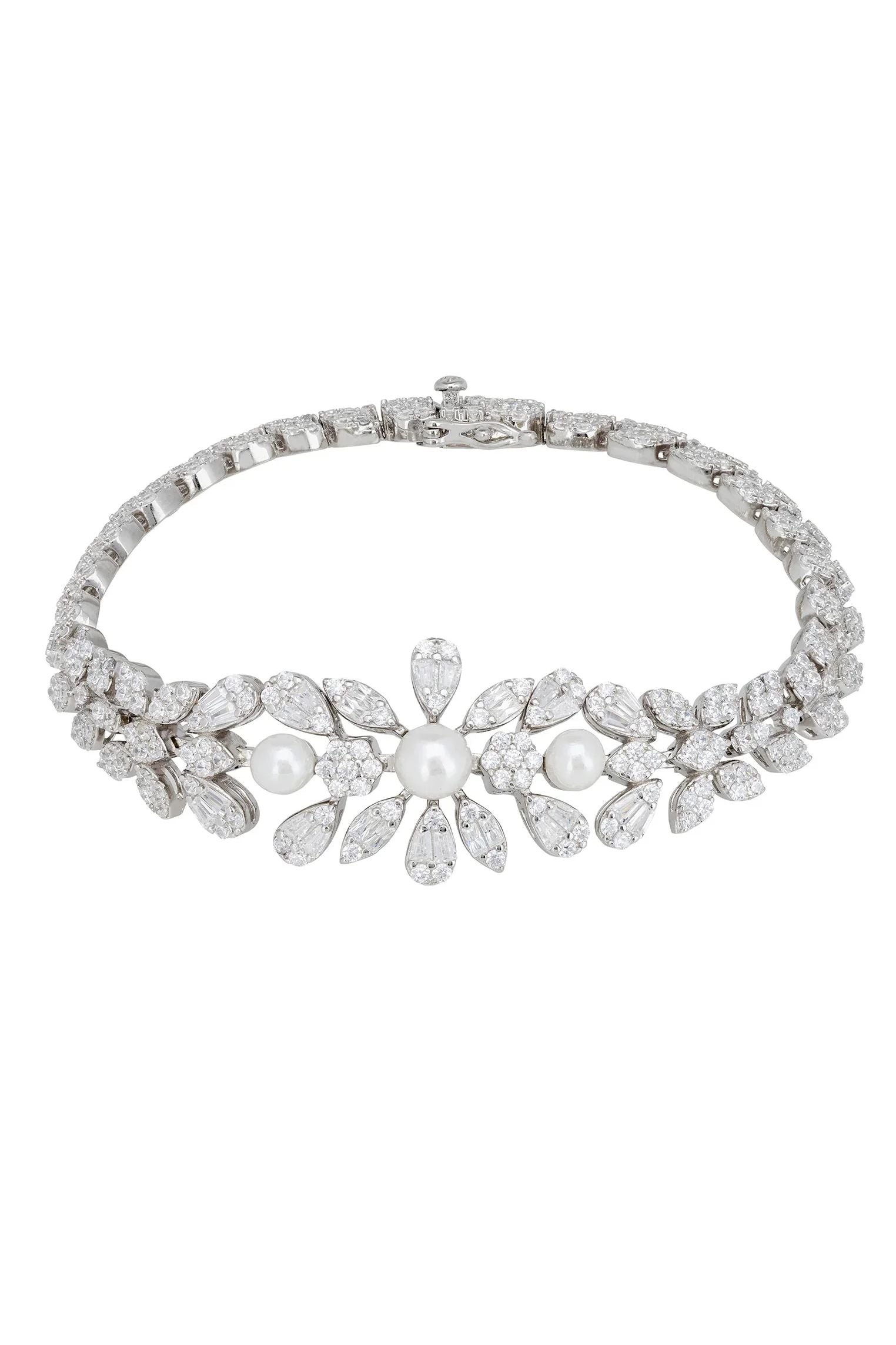 Floral diamond bracelet with pearls.