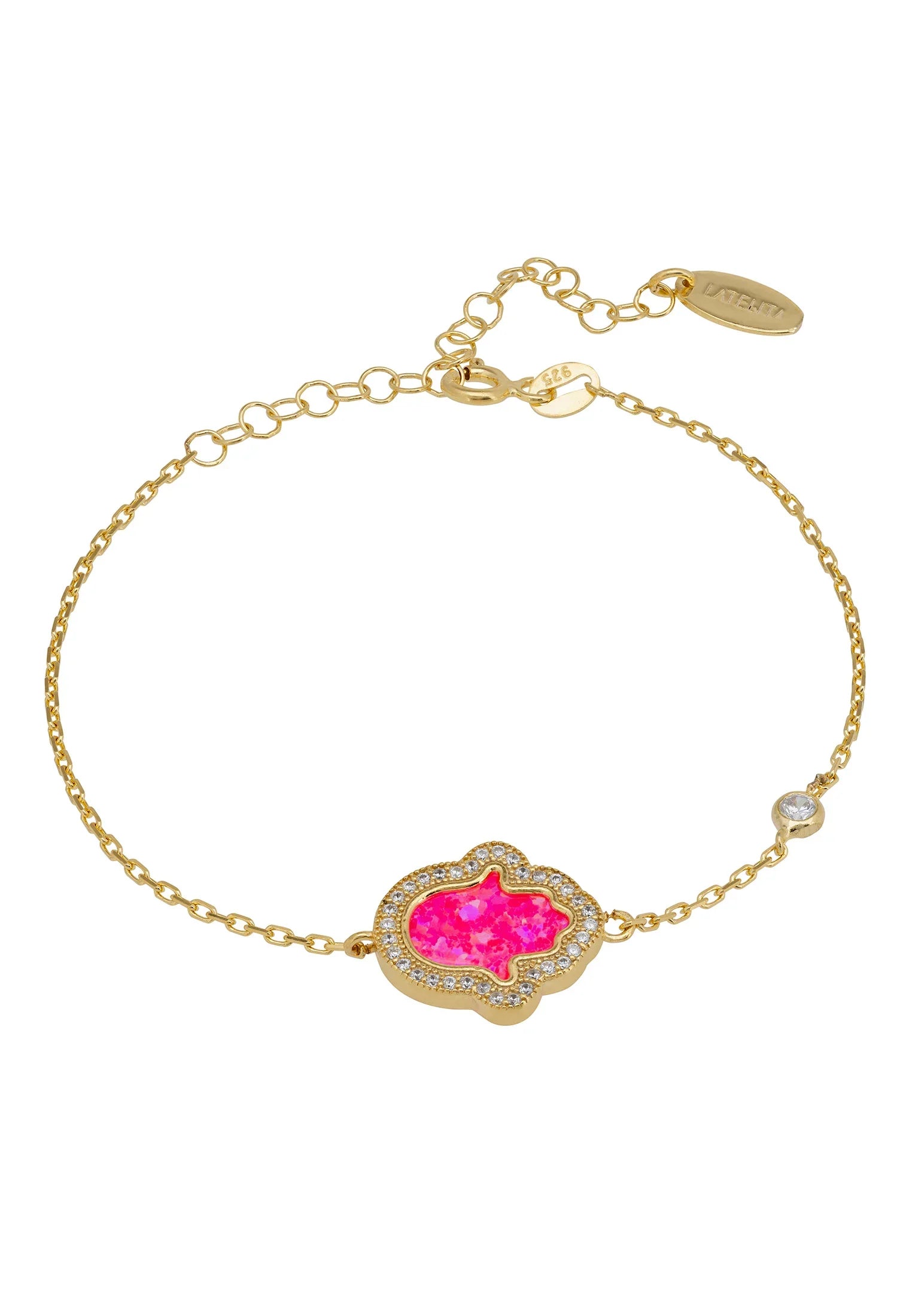 Pink opal hamsa hand gold bracelet.