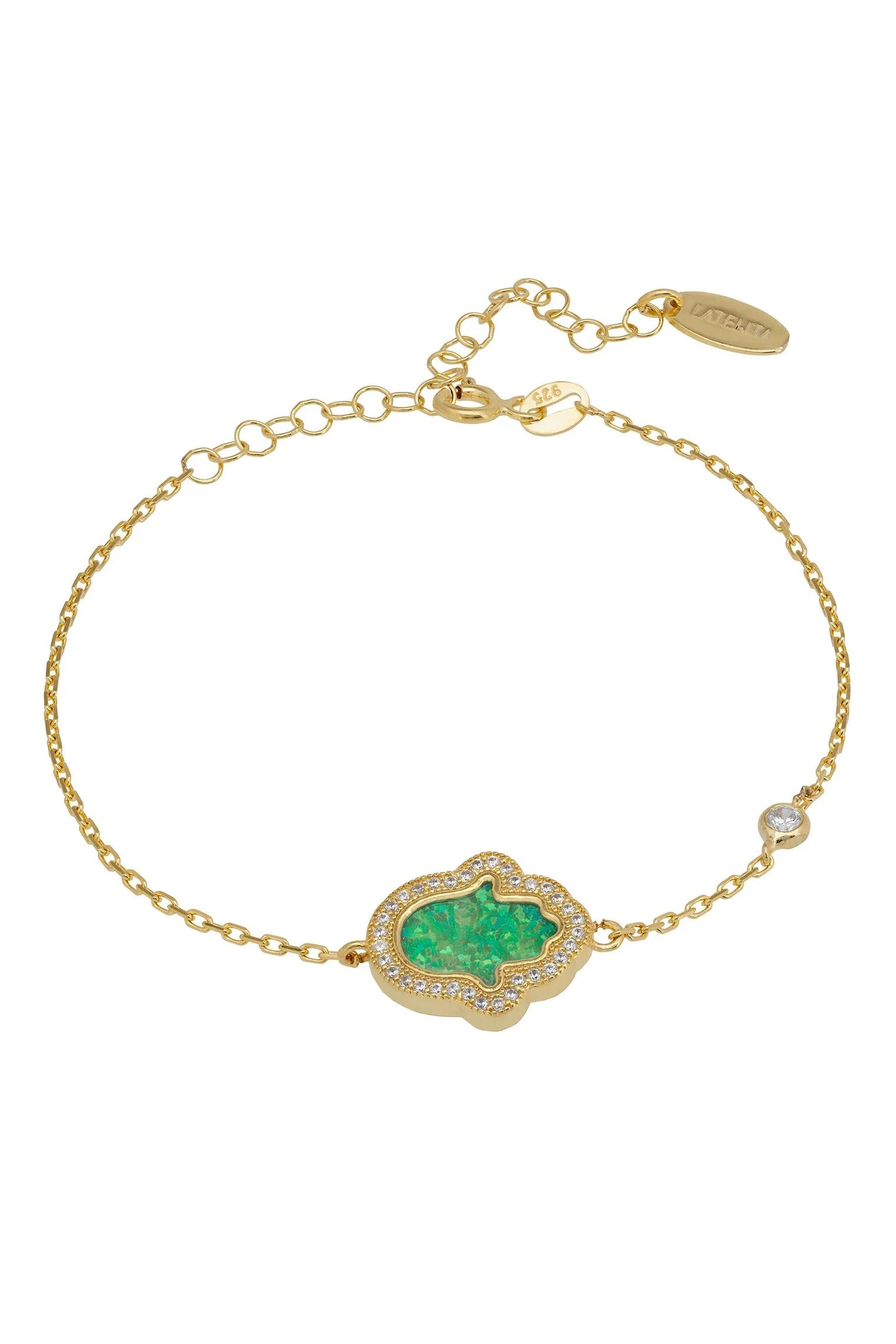 Green opal hamsa hand gold bracelet.