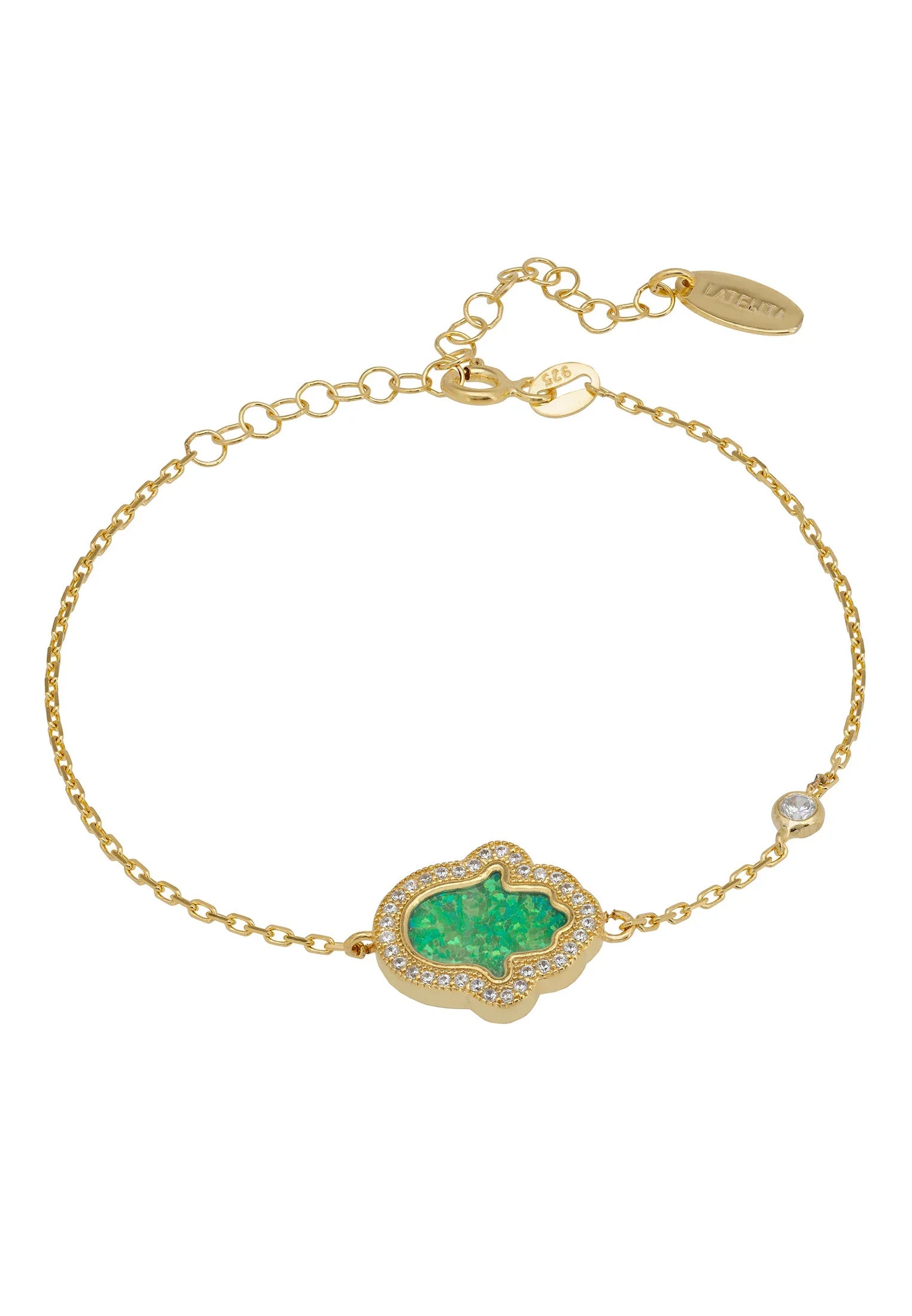 Green opal hamsa hand gold bracelet.