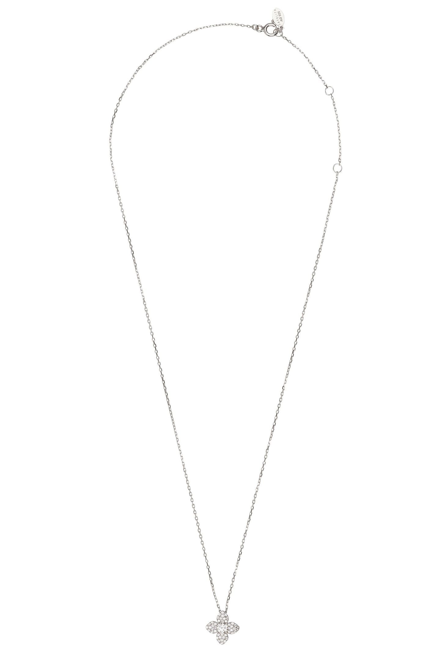 Silver necklace with a small pendant on a white background