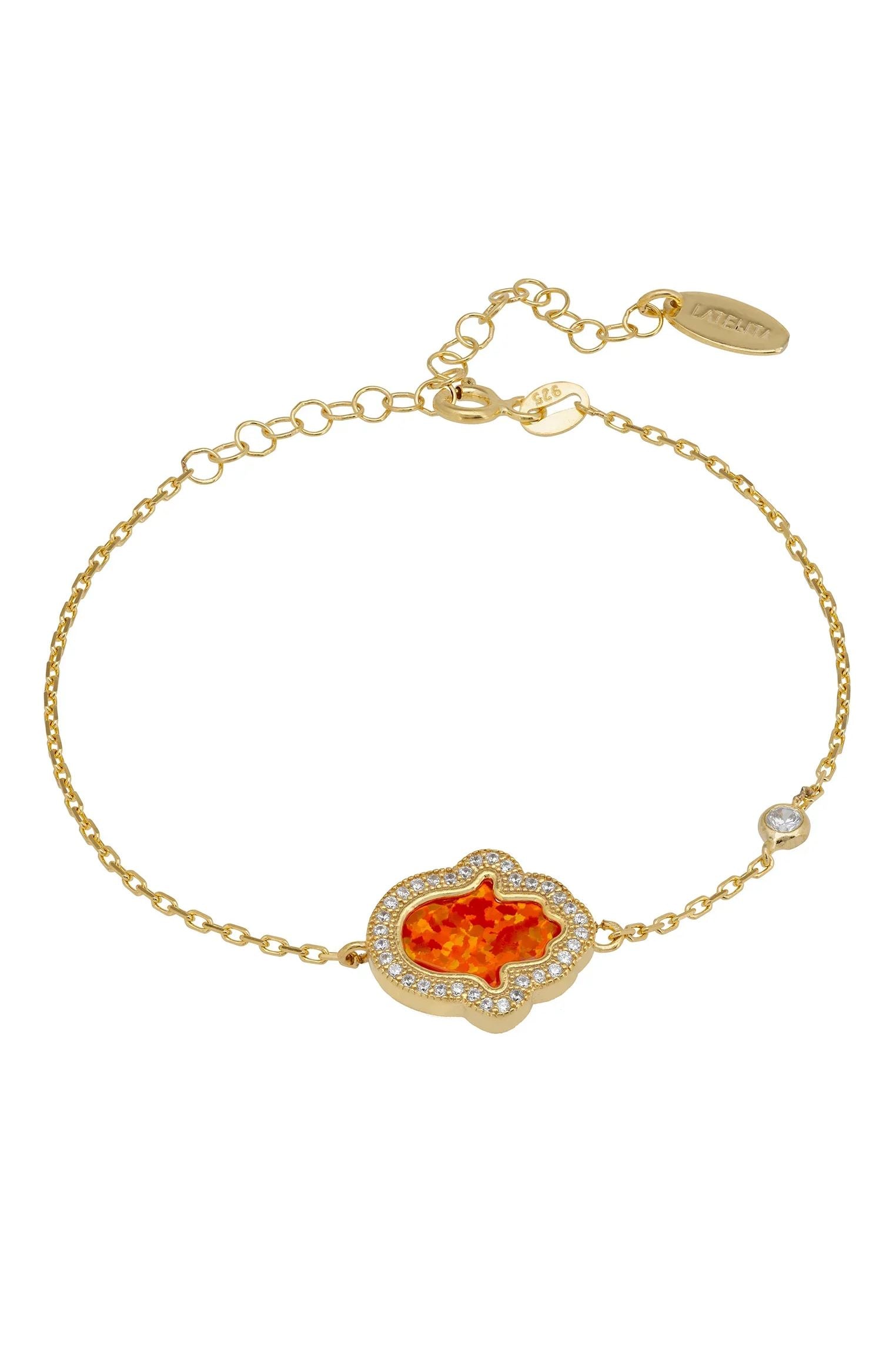 Orange opal hamsa hand gold bracelet.