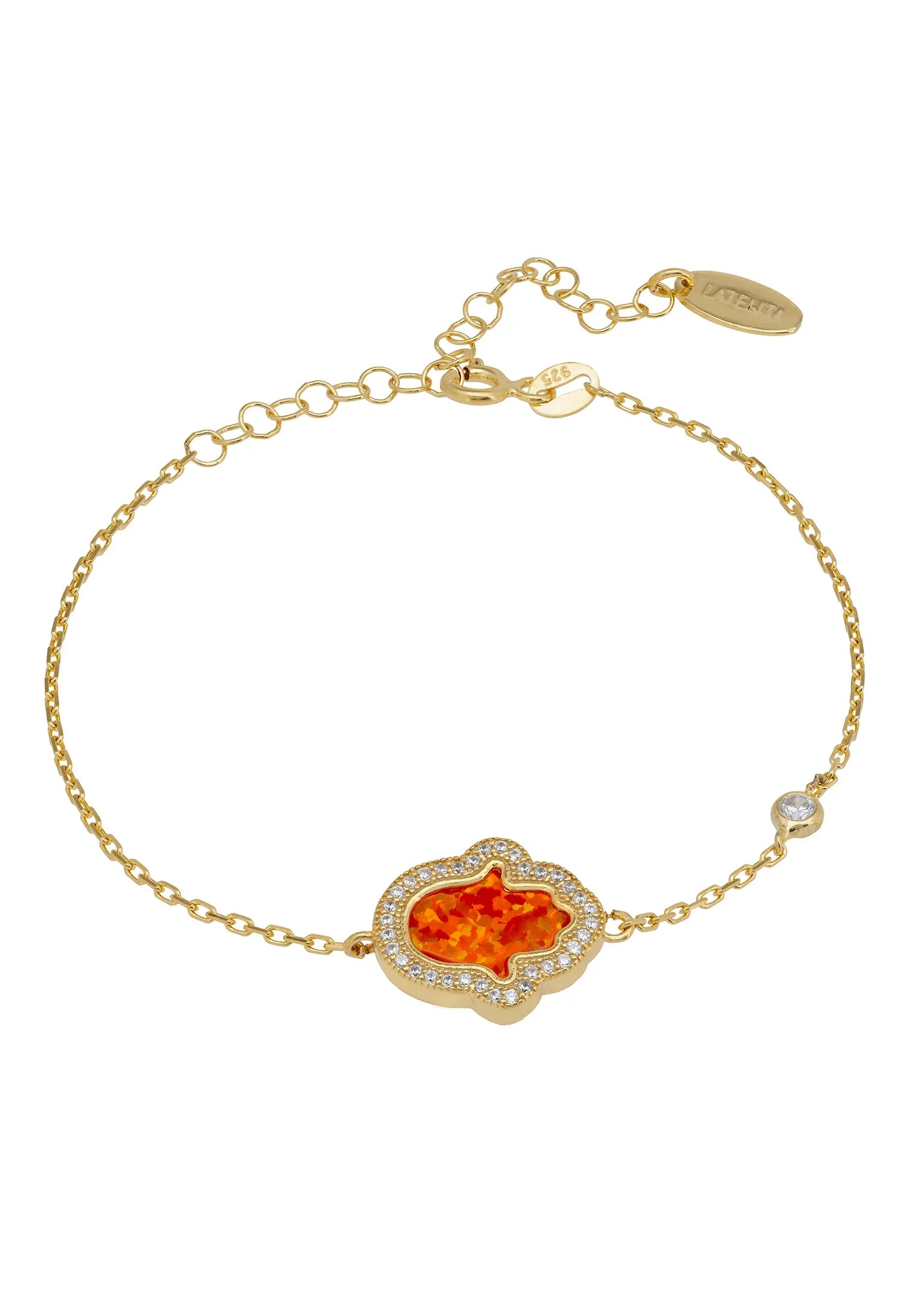 Orange opal hamsa hand gold bracelet.