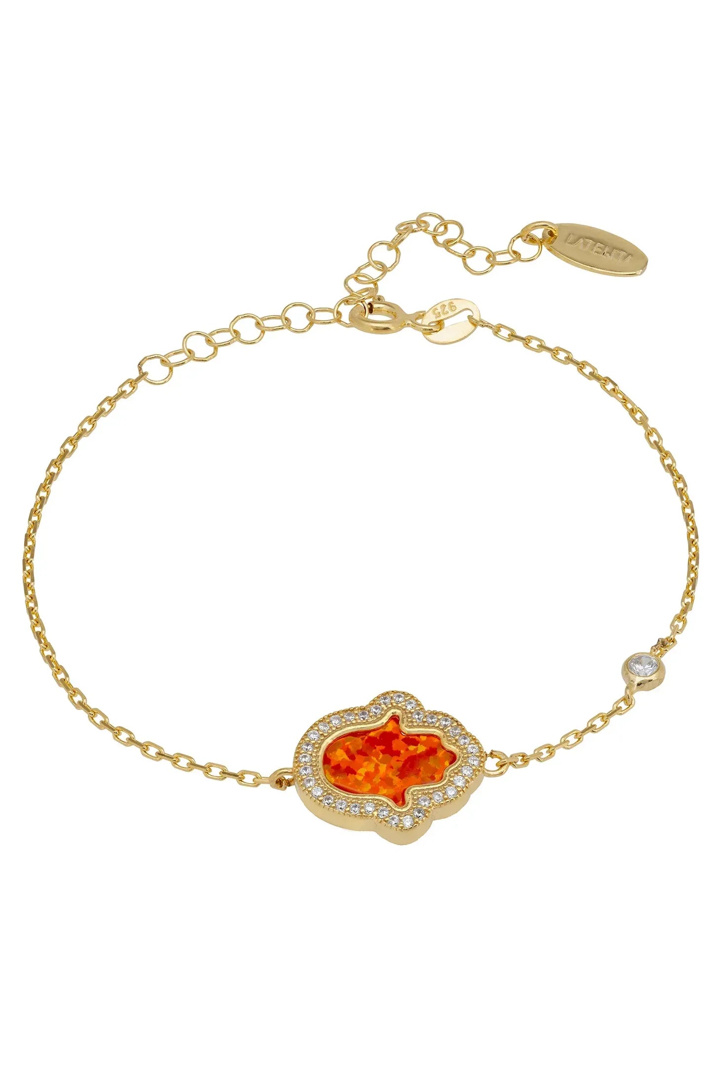 Orange opal hamsa hand gold bracelet.