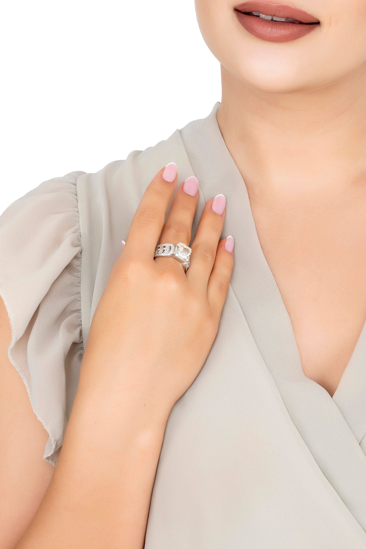 The ring worn by a model.
