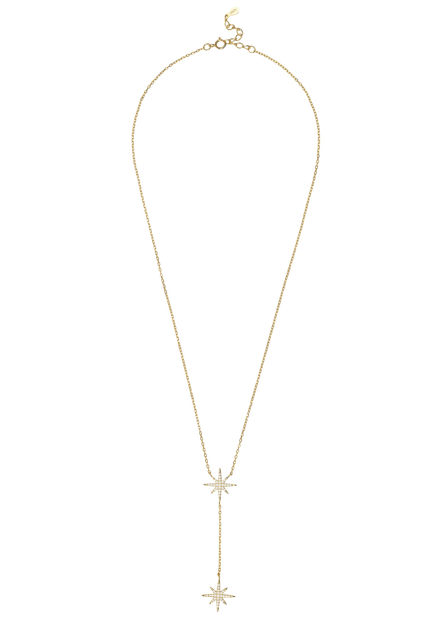 Gold necklace with star-shaped pendants on a white background