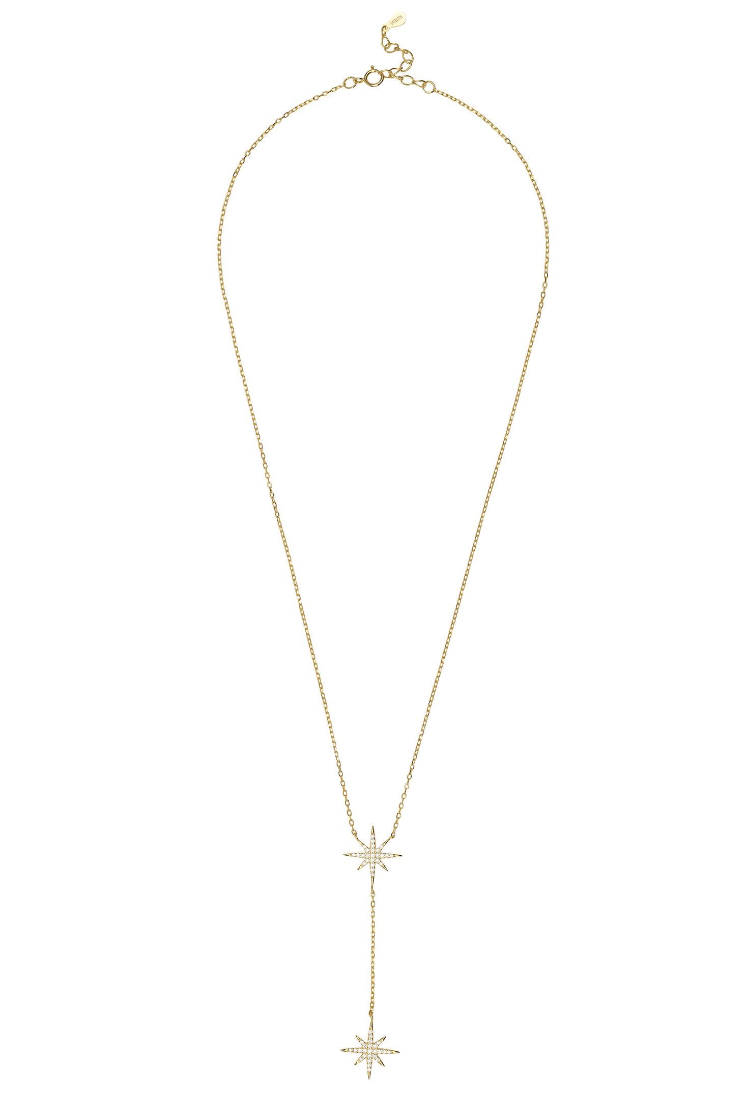 Gold necklace with star-shaped pendants on a white background