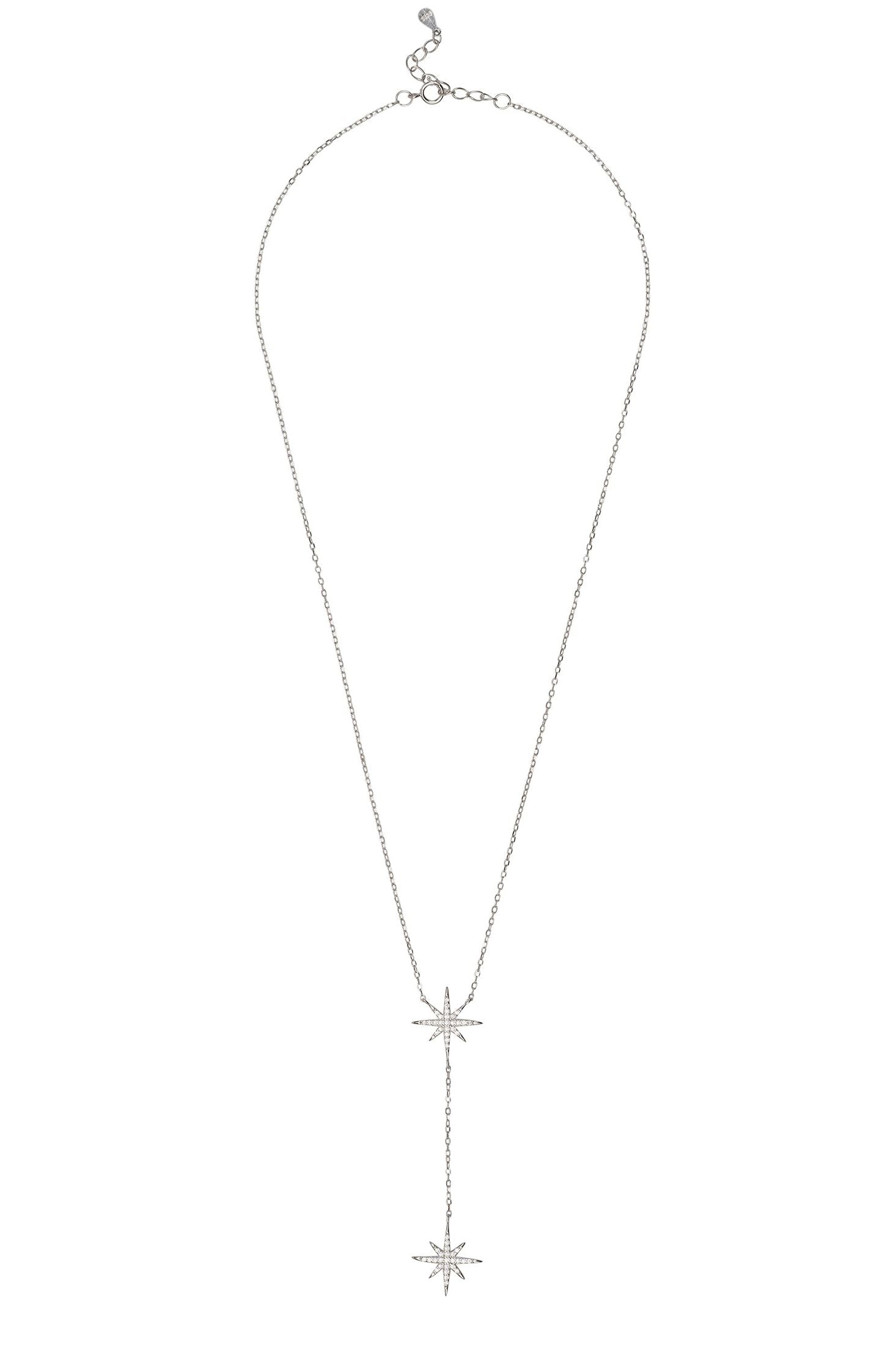 Silver necklace with star-shaped pendant on a white background
