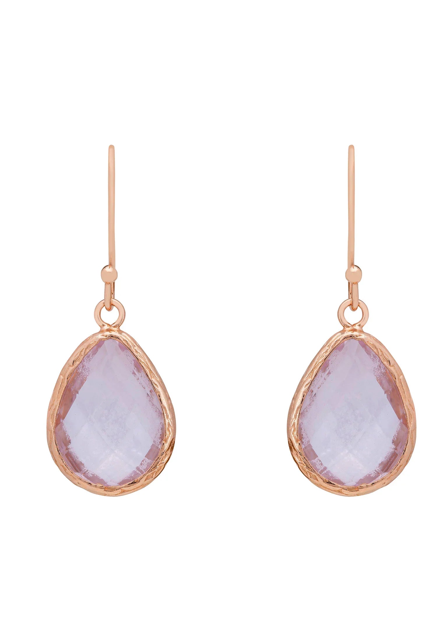Rose gold framed teardrop rose quartz earrings.