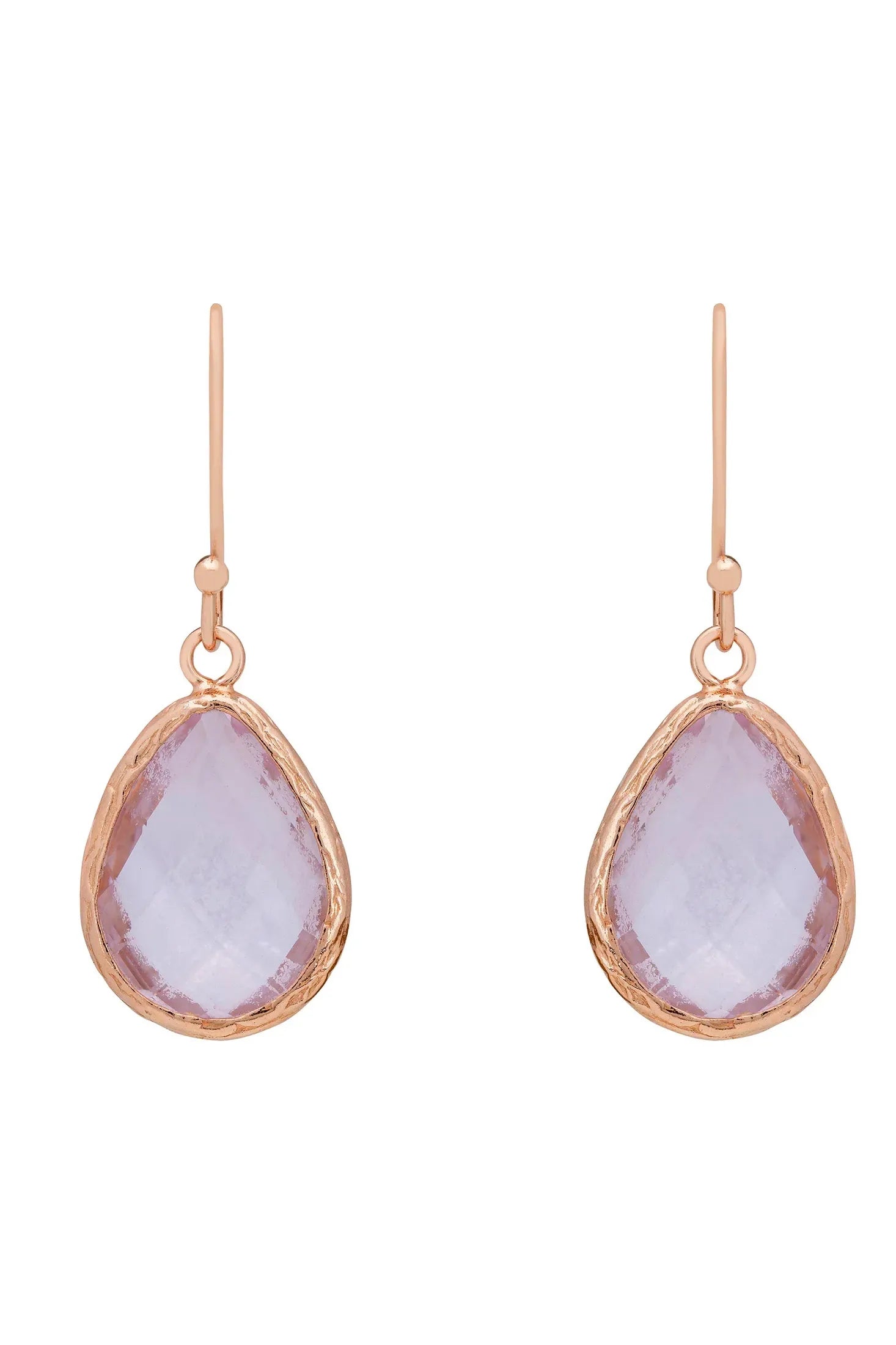 Rose gold framed teardrop rose quartz earrings.