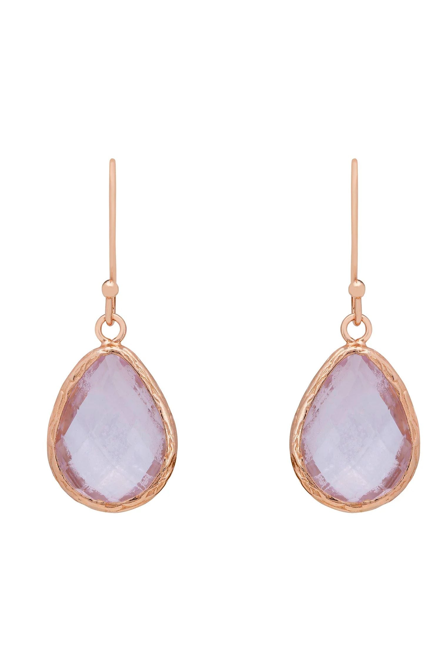 Rose gold framed teardrop rose quartz earrings.
