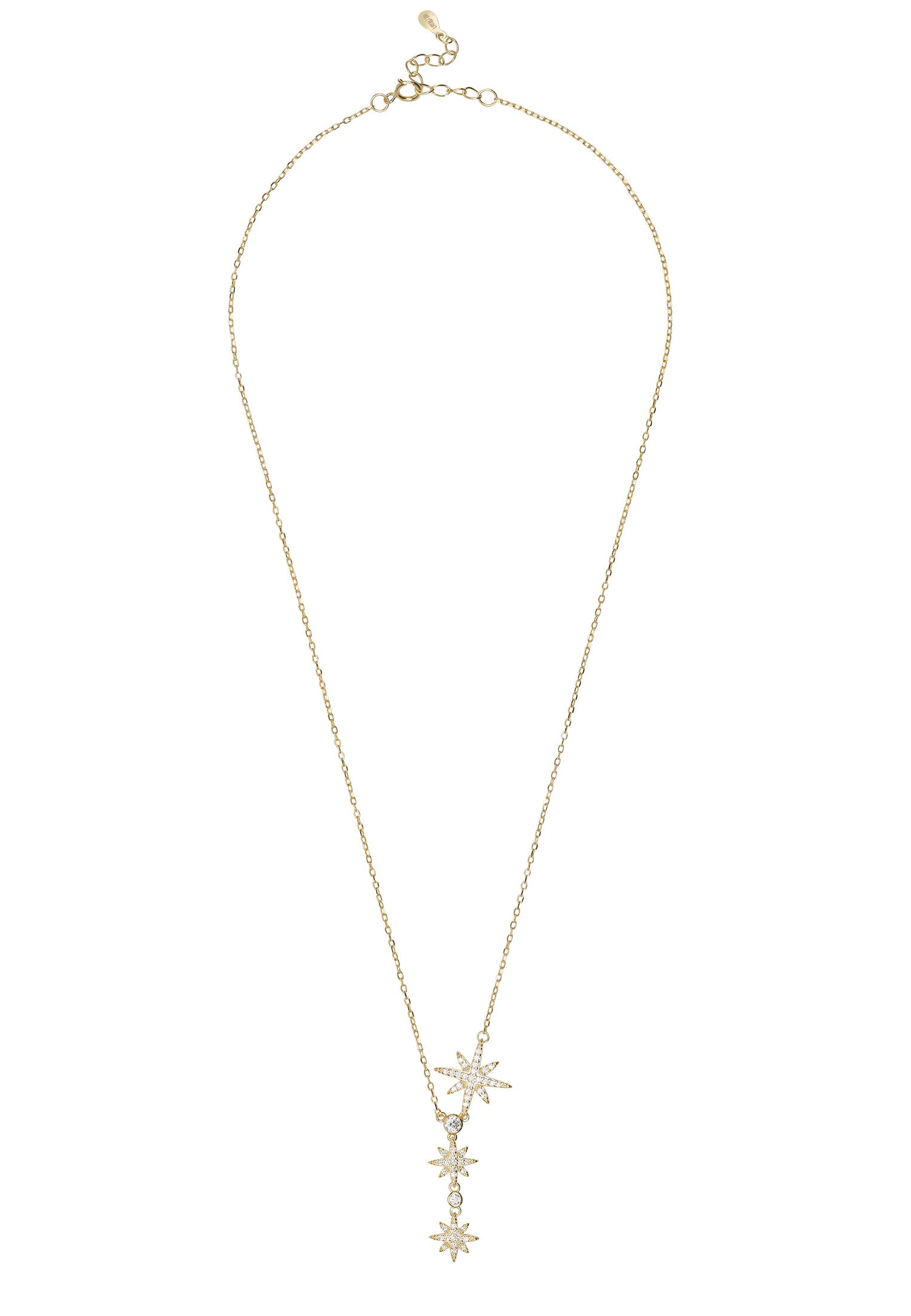 Gold necklace with star-shaped pendants on a white background
