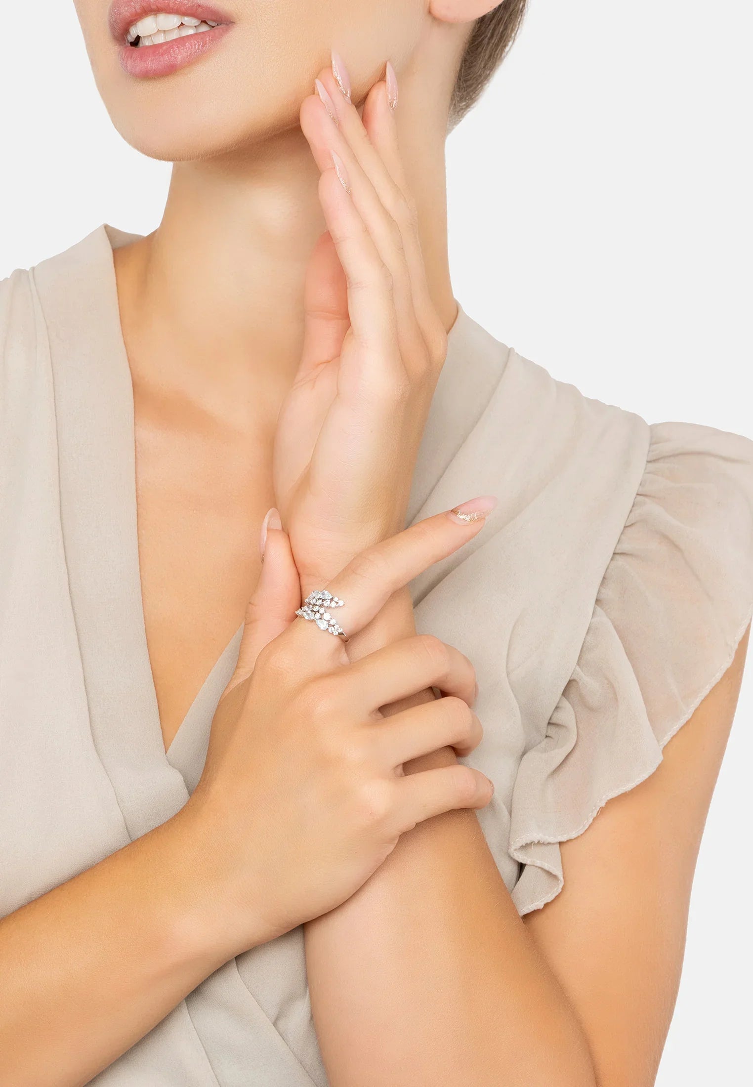 The ring worn by a model.