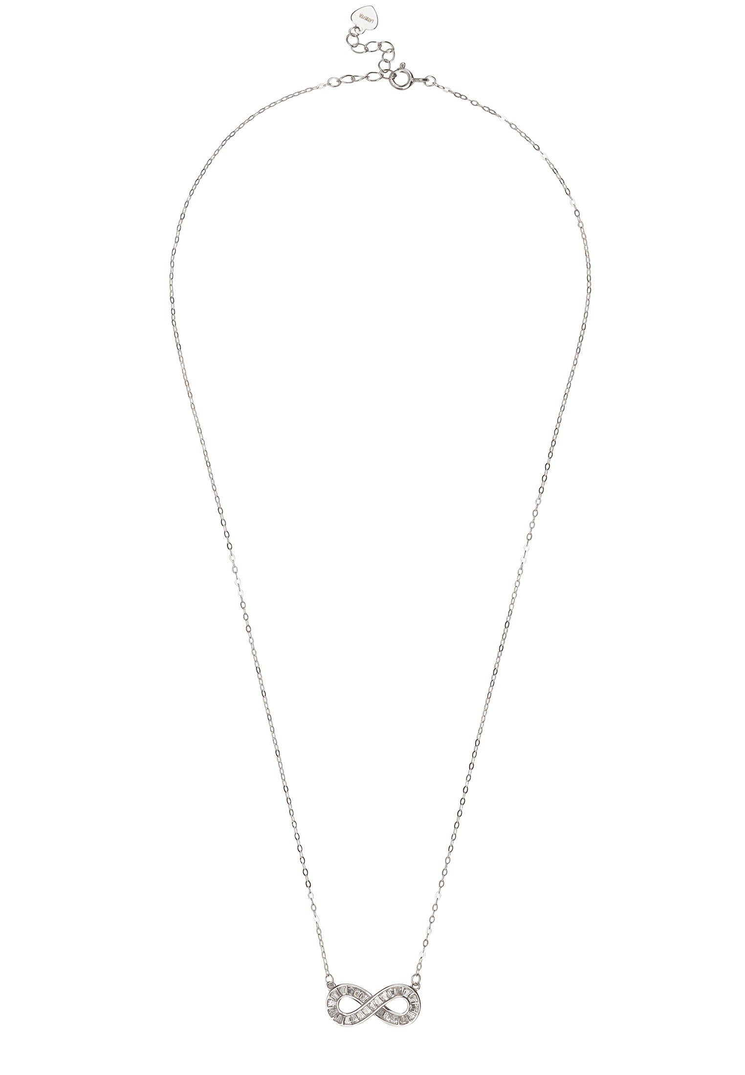 Silver infinity necklace on a white background