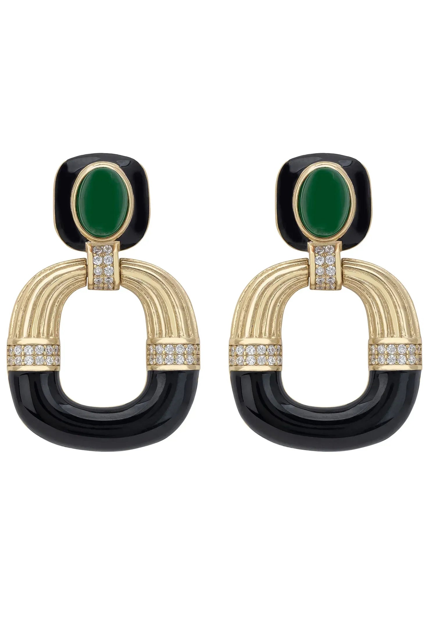 Green, black and gold art deco earrings.