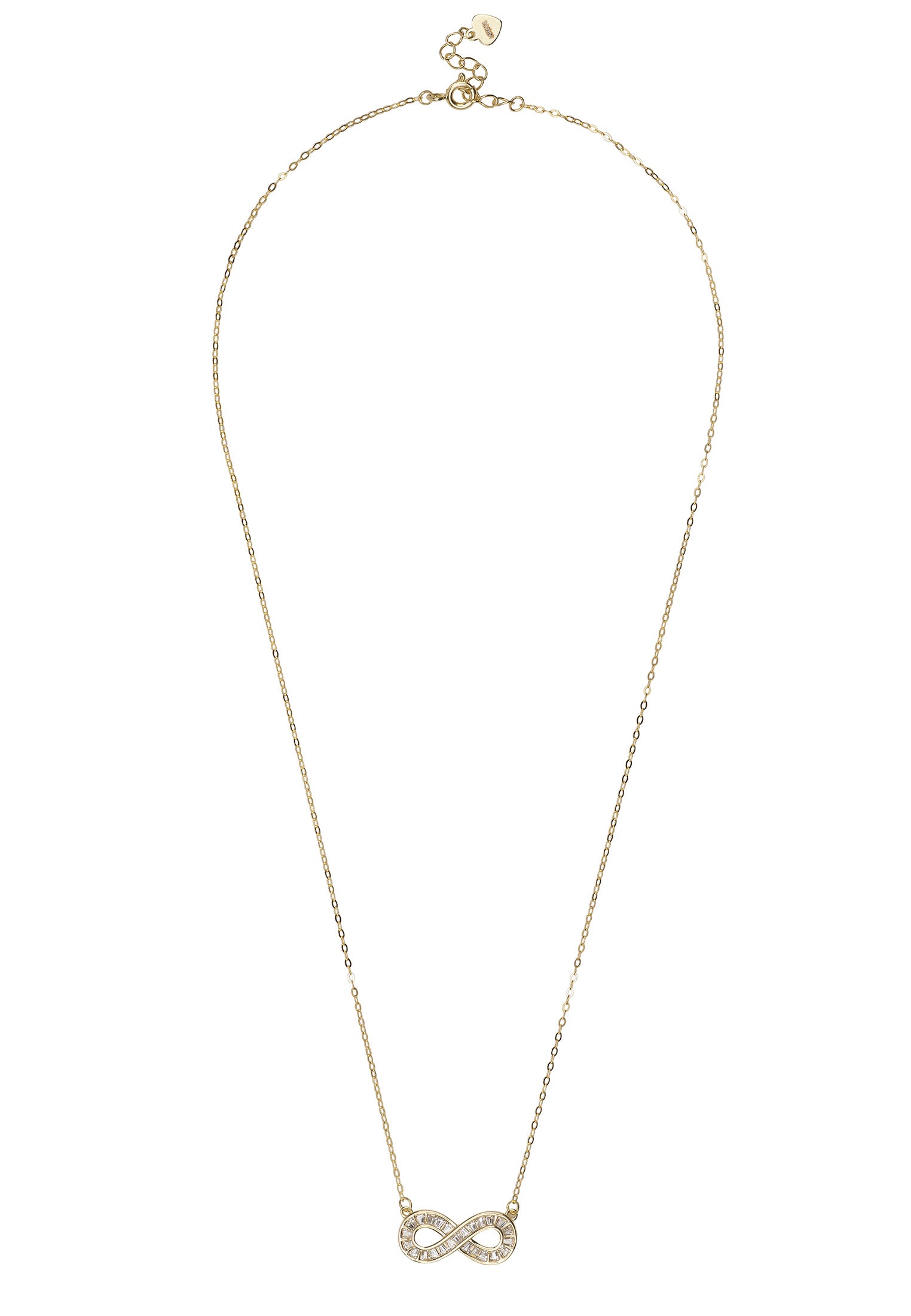 Gold necklace with an infinity pendant on a white background