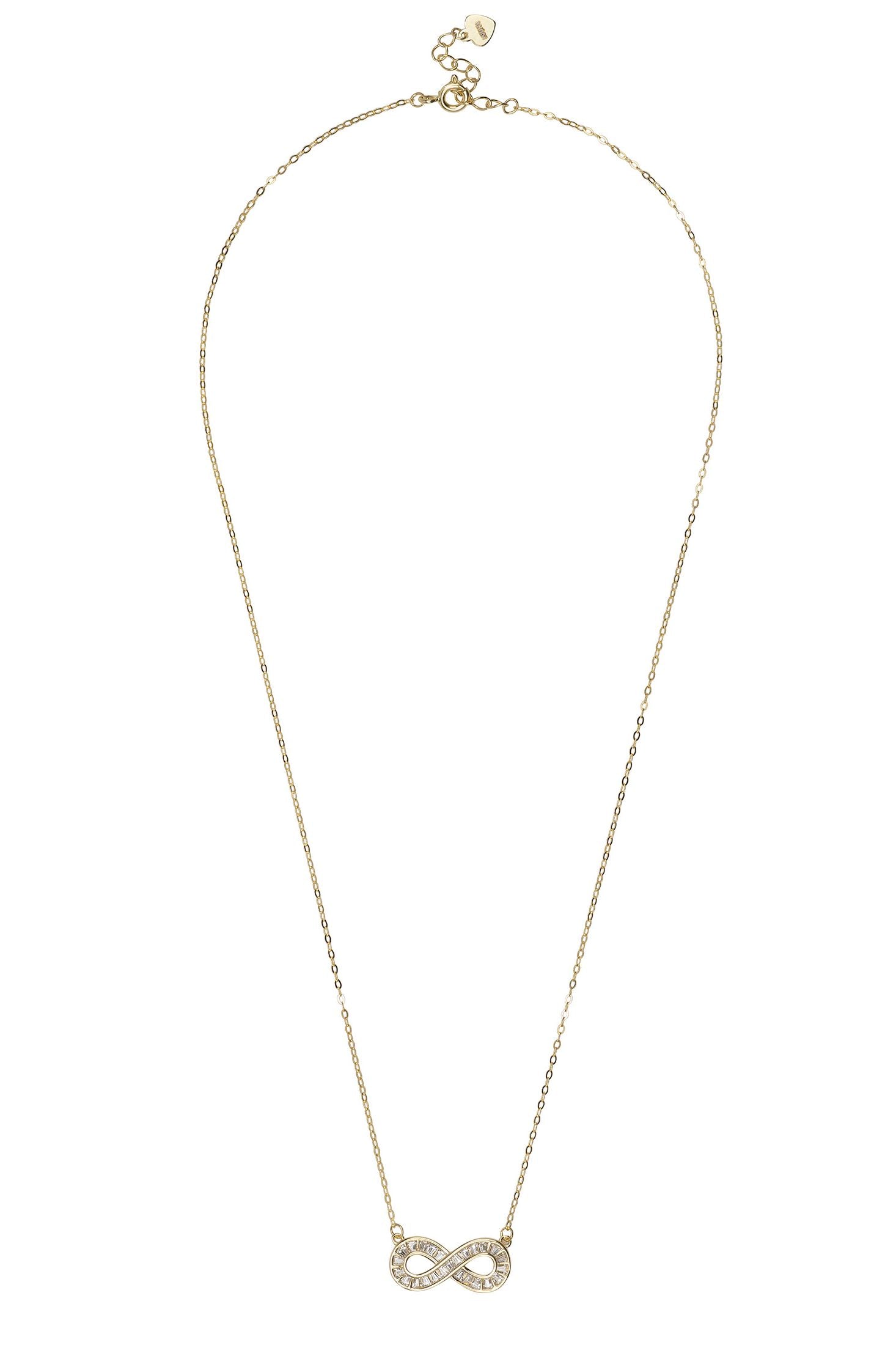 Gold necklace with an infinity pendant on a white background